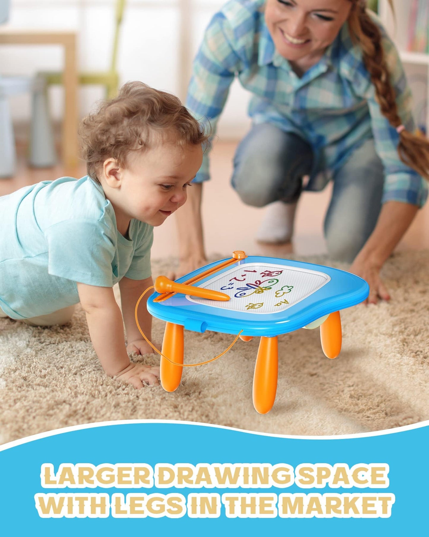 bravokids Magnetic Drawing Board for Kids with Sturdy Legs, Color Erasable Doodle Writing Pad for Toddler Boy Girls, Educational Preschool Learning Toys for 1 2 3 3 4 Years Old Birthday Gifts (Blue)