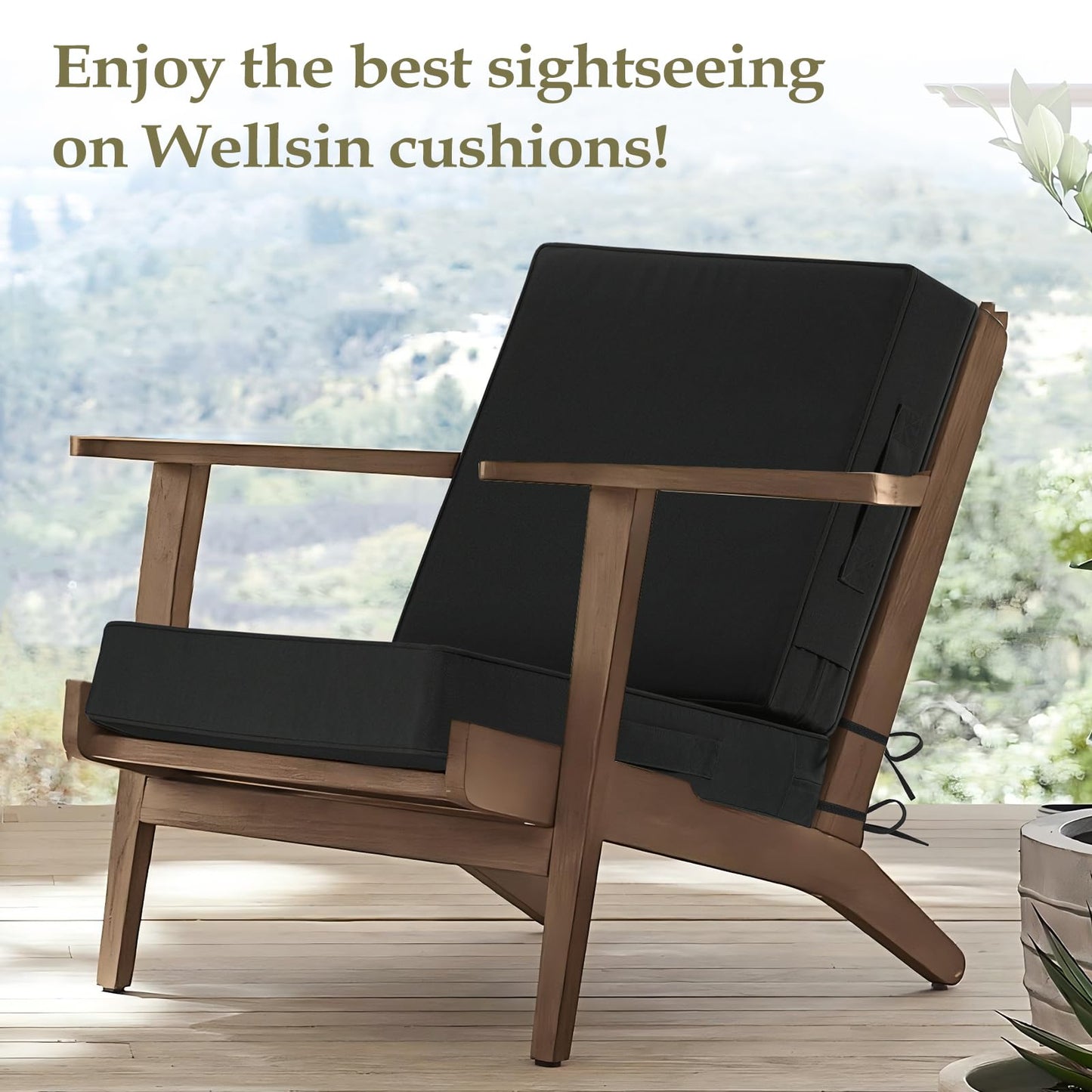 Wellsin Outdoor Deep Seat Patio Cushions, 24 x 24 Waterproof & 3-Year Fade Resistant Outdoor Cushions with Removable Covers,Ties and Handle for Chair, Sofa, Couch, Black