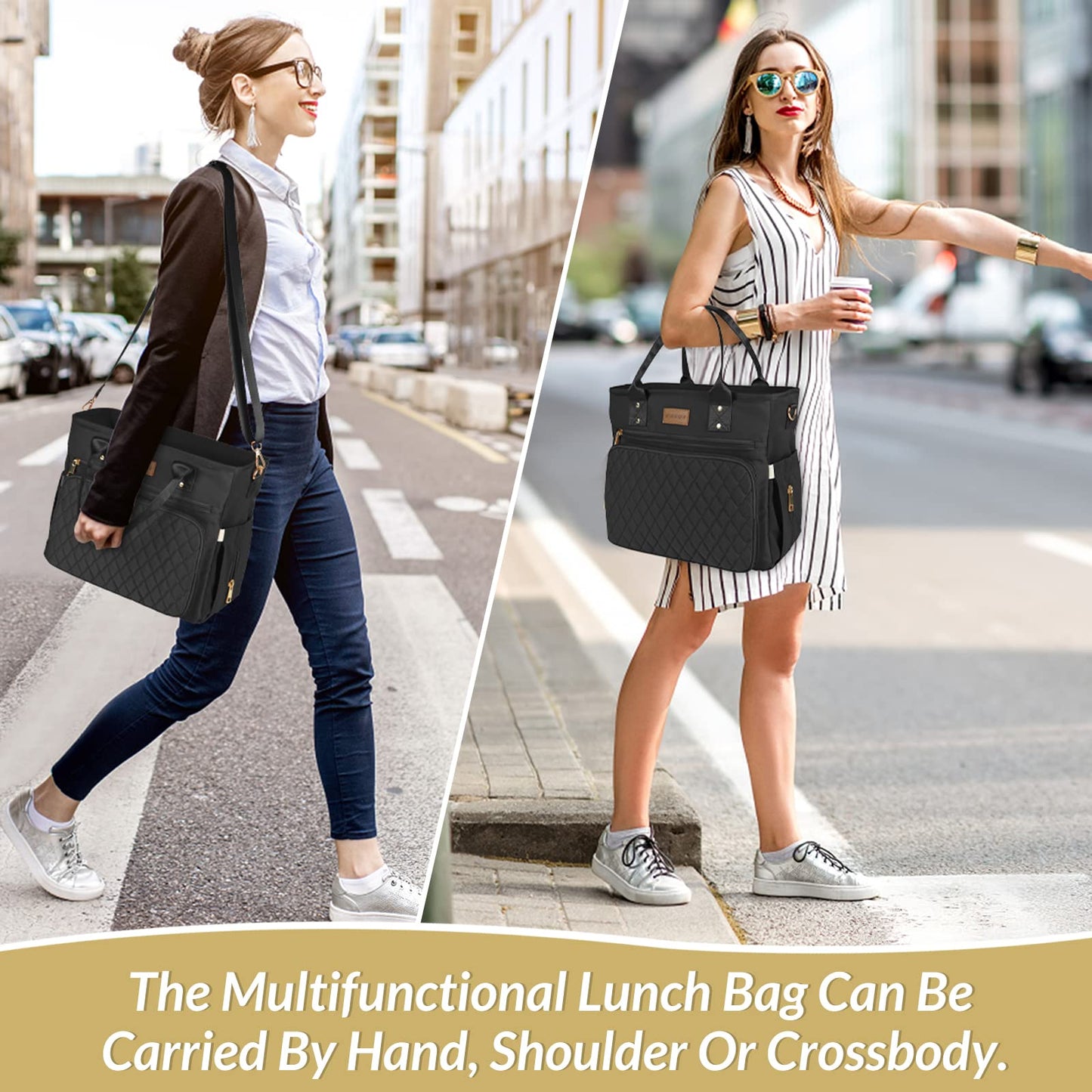 EASYA Large Insulated Lunch Bag for Work, Women's Nylon Thermal Lunch Box, Leakproof Cooler Tote Bag with Storage Pocket (Black)