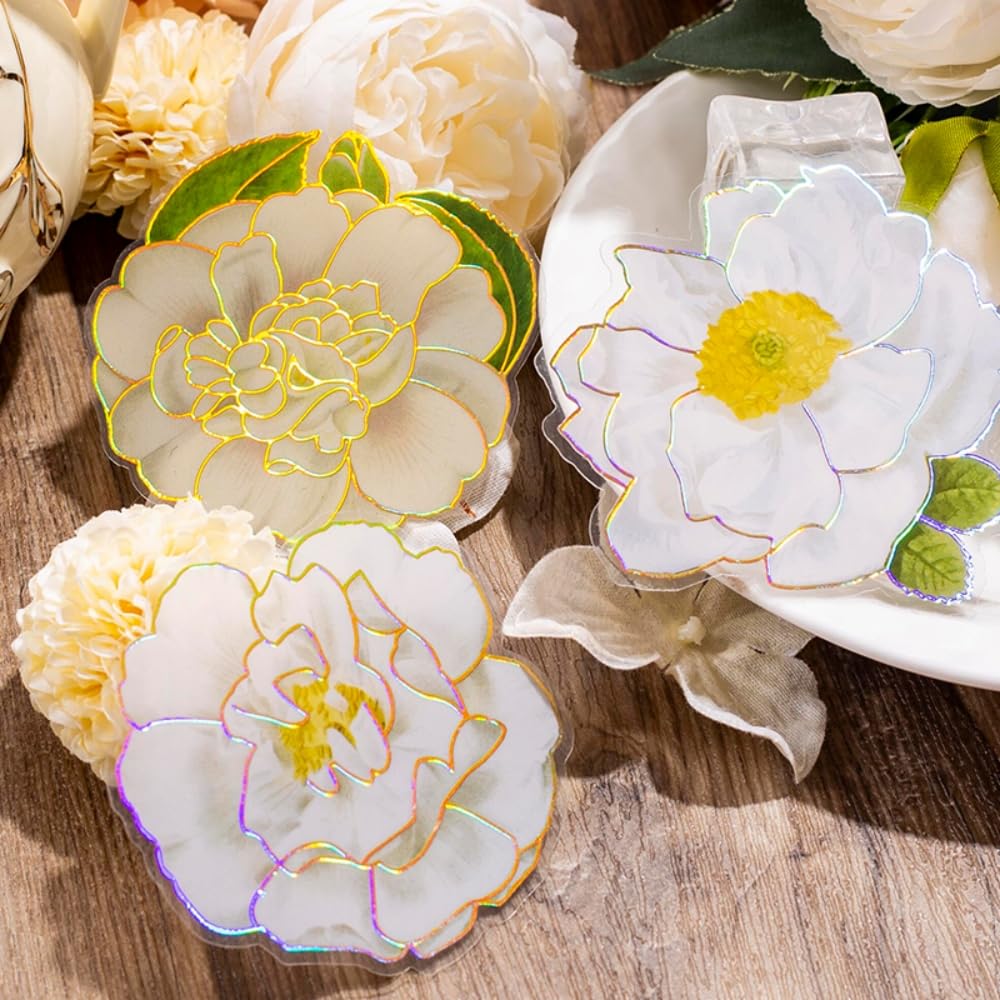 80 Pcs Big Size Flower Stickers with Gold Metallic Outlines, 8 Packs Holographic Iridescent Foiled Floral Sticker Decals for Scrapbooking Bullet Junk Journals Card Making Laptop Cup Adult