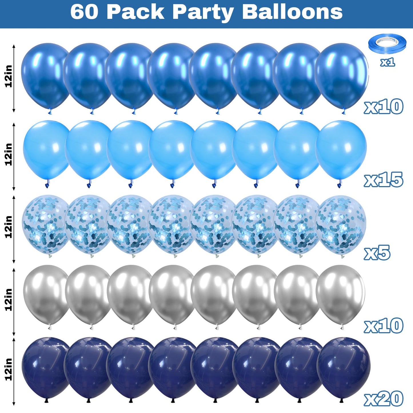 60 Pcs Blue and Silver Balloons, Navy Royal Blue Silver Party Balloons with Metallic Confetti Helium Latex Balloons for Birthday Baby Showers Fathers Day 2025 Graduation Decoration