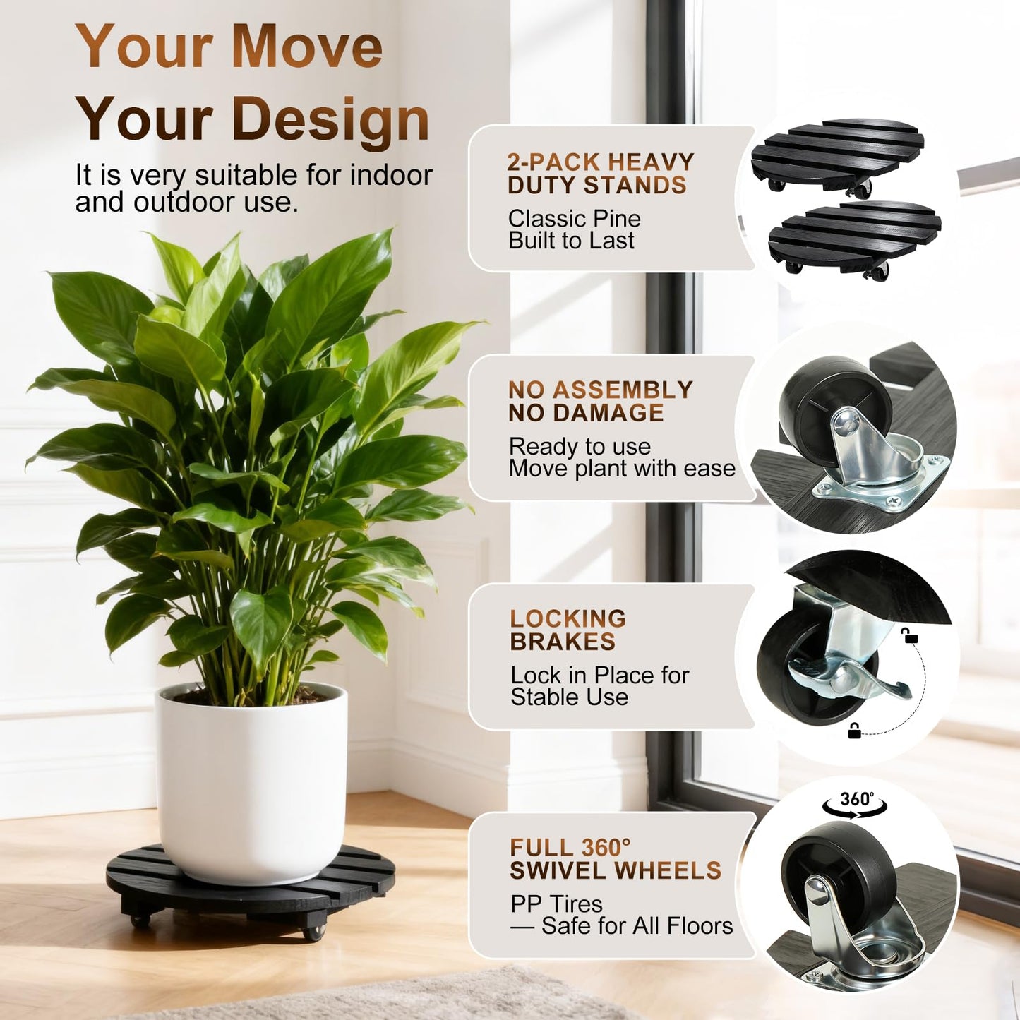 IBGUC 2 Pack Plant Caddy with Wheels 13'' Rolling Plant Stand Indoor Outdoor, Heavy Duty Wooden Plant Stand with Wheels 300Lbs Capacity with 360°Lockable Rolling Base for Pot, Planter, Tray, Patio