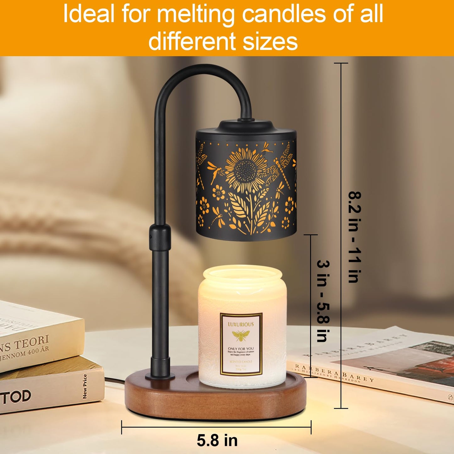 Dimmable Candle Warmer Lamp with Timer Adjustable Height for Scented Jar Candles Electric Candle Wax Melt Warmer for Home Decor Christmas Birthday Gifts for Women Mom(Sunflower+Dragonfly)