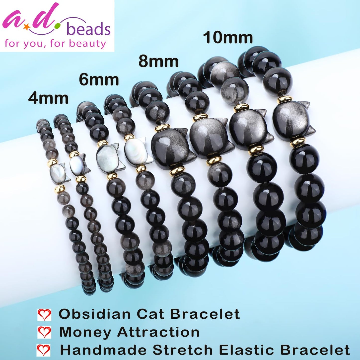 AD Beads 8mm Handmade Obsidian Cat Bracelet Elastic Bracelet – Natural Gemstone for Money Attraction – Meditation, Yoga, Healing and Energy Gift for Men Women