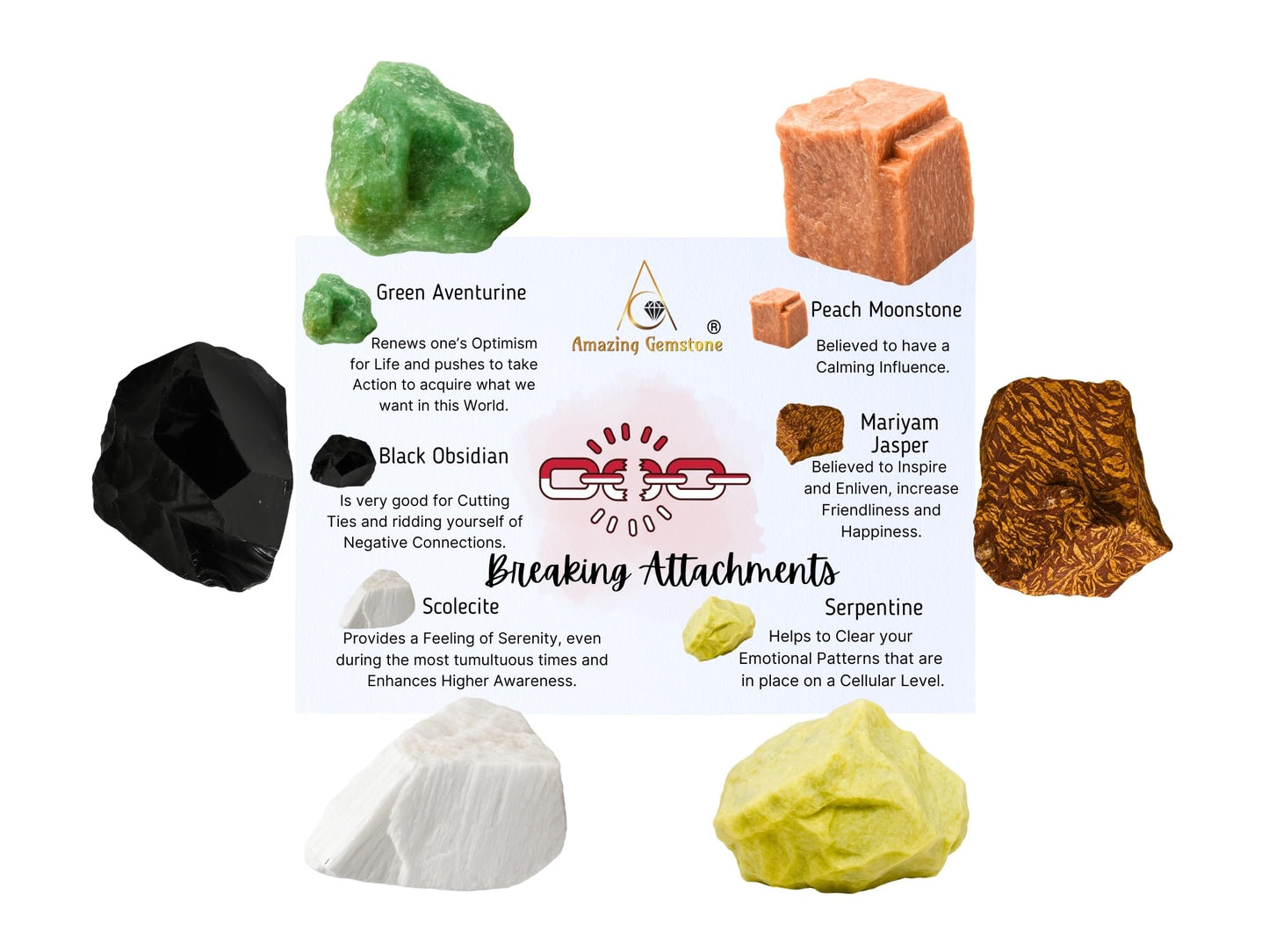 Amazing Gemstone Crystals for Breaking Attachments Manifestation, Set of 6 Green Aventurine, Black Obsidian, Scolecite, Peach Moonstone, Mariyam Jasper and Serpentine Healing Crystals and Stones