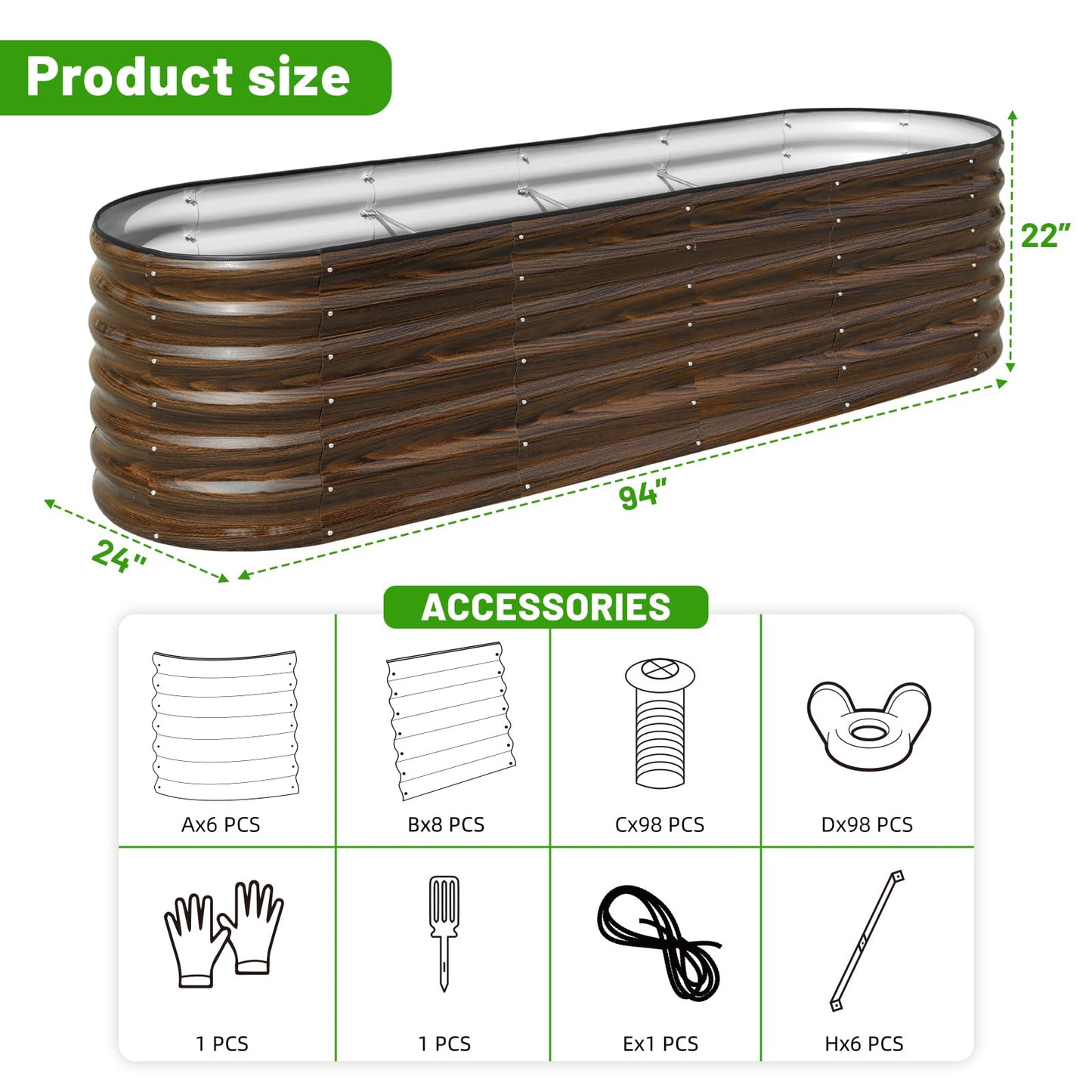 SnugNiture 96" Lx24 Wx22 H Raised Garden Bed Kit, 22" Tall Outdoor Metal Raised Planter Box for Planting Plants Vegetables Flowers Fruits, Brown