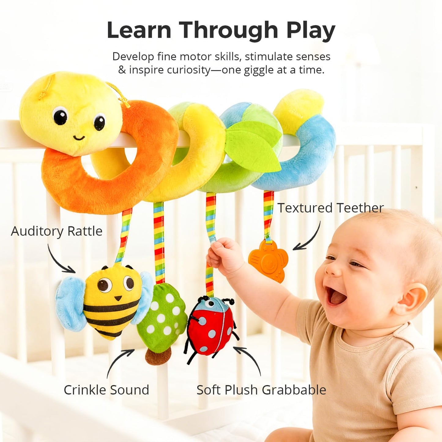 Car Seat Toys for Baby – Colorful Carseat Toys Hanging with Plush Teether & Rattles, Soft Sensory Car Seat Toy and Stroller Toys Set, Baby Car Seat Toy to Entertain and Soothe on The Go