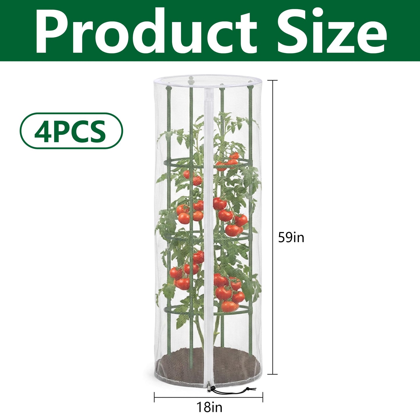 4 Pcs Garden Bird Netting Cover for Round Tomato Cage, 59" x 18" Tomato Trellis Insect Barrier Protection Mesh, Plant Cage Garden Net Cover with Zipper for Vertical Climbing Plants Vegetables Fruits