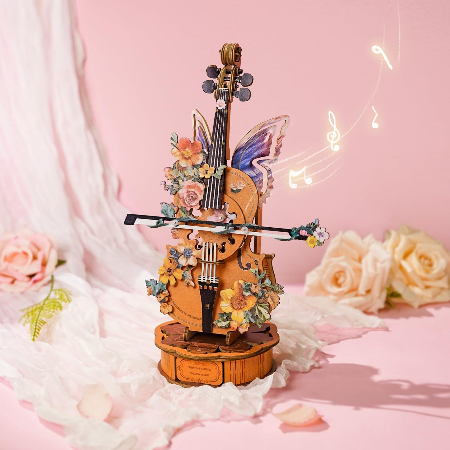 Rnfinewow 3D Puzzles for Adults, Mechanical Wooden Cello Music Box Puzzles, DIY Flower Music Box Cello Crafts Model Kits Home Decor for Holiday Birthday Gifts Hobbies