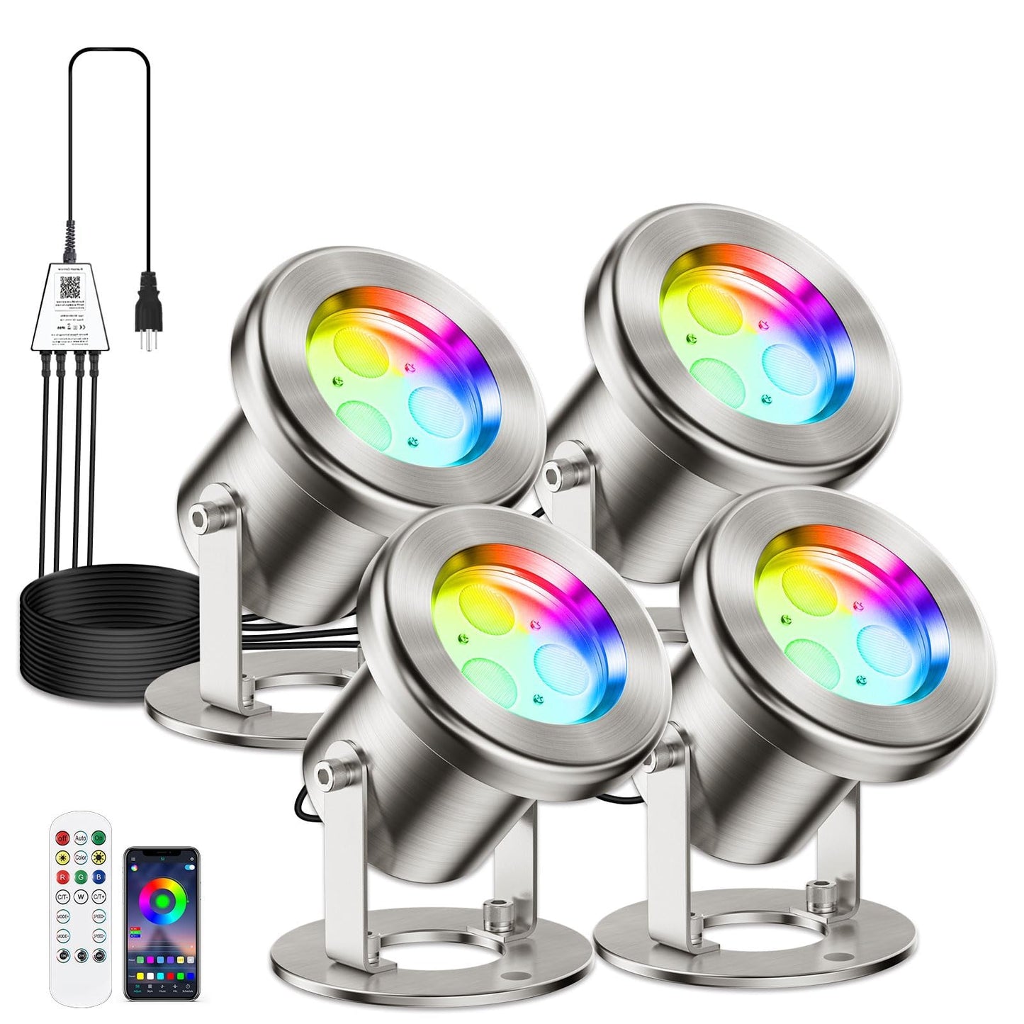 LyLmLe LED Pond Lights with APP Control, 6W SS316 Stainless Steel RGB Underwater Fountain Light with 12V Transformer, IP68 Waterproof Outdoor Underwater Lights for Pond Waterfall, Black Wire(4-Spots)