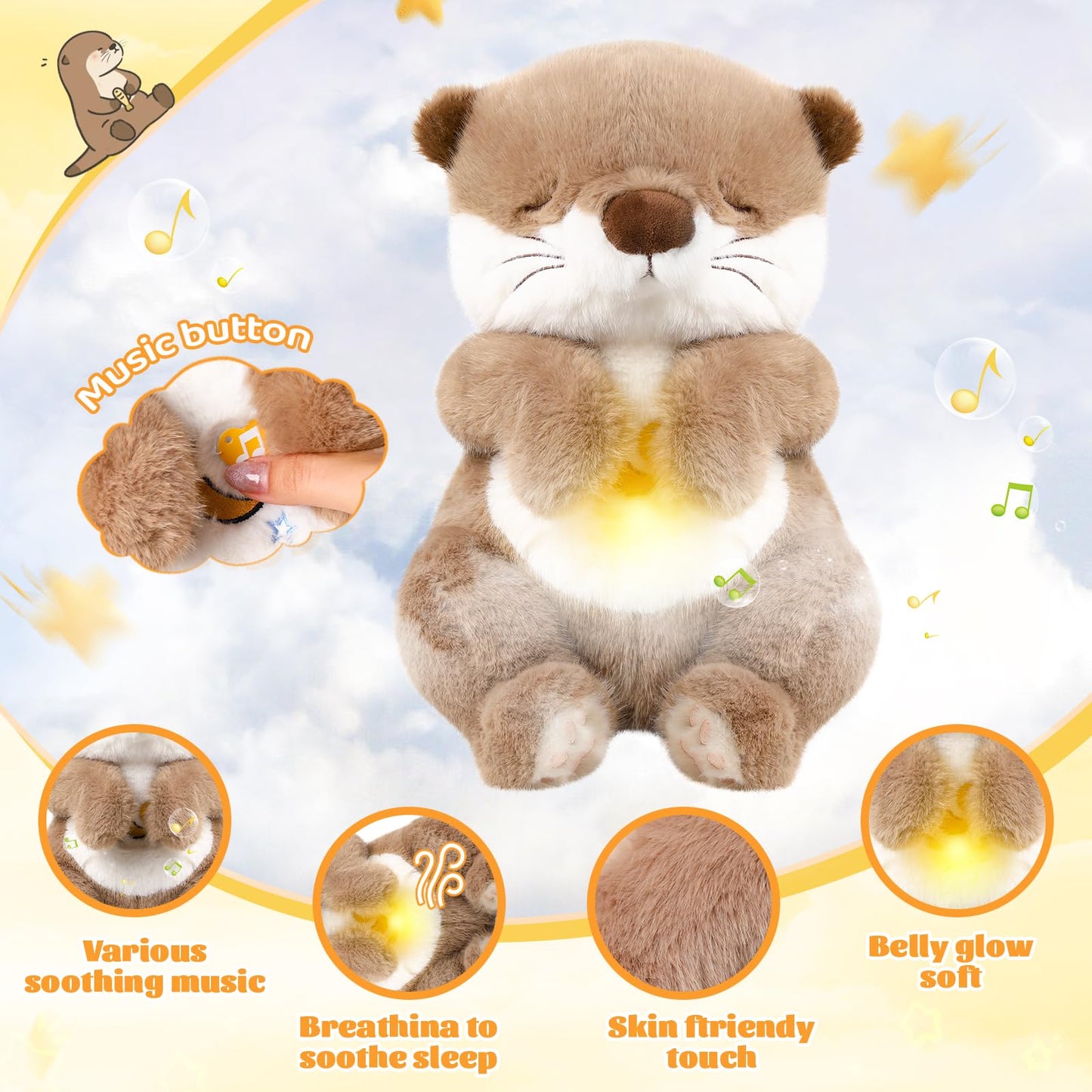 Emoin Otter Breathing Stuffed Animal, Volume Control Breathing Otter Plush Sleep Buddy with Realistic Breathing Motion and Lights Music Baby Plush Toy for Adults and Kids
