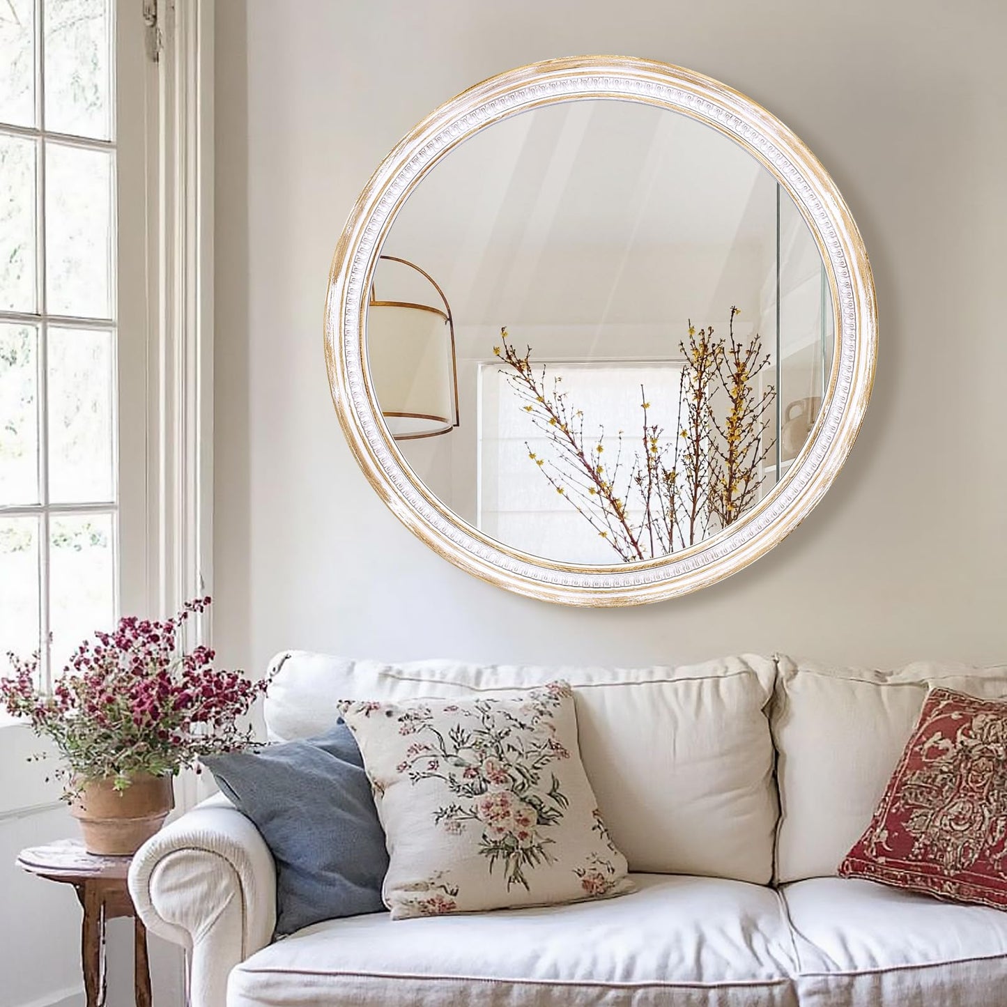 HOITUZYUS Farmhouse Round Wood Mirror 30 Inch, Rustic Boho Circle Decorative Mirrors for Bathroom, Living Room, Entryway, Bedroom, Hallway