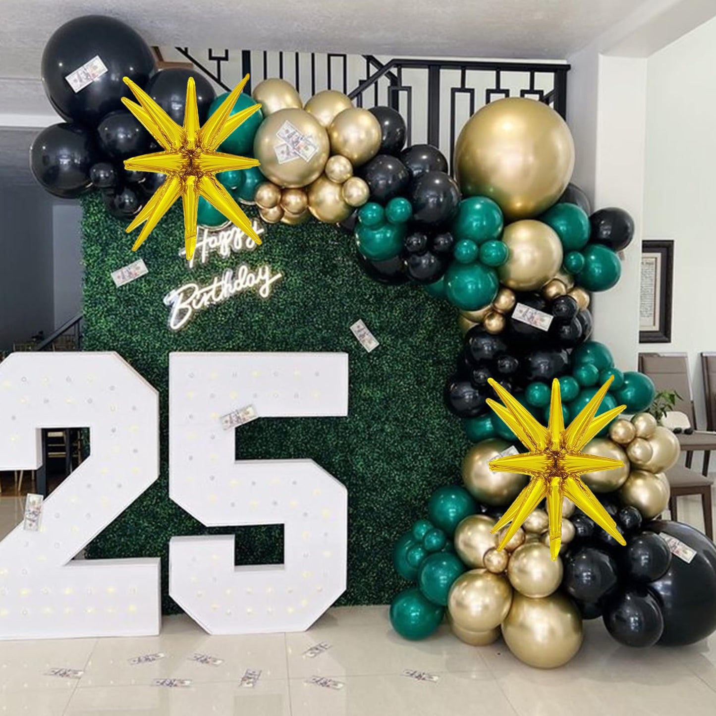Dark Green and Black Balloon Arch Kit with Explosion Star Balloons, 123pcs Emerald Green and Confetti Gold Balloon Garland for Birthday Anniversary Bachelorette Grad Father's Day Party Decorations