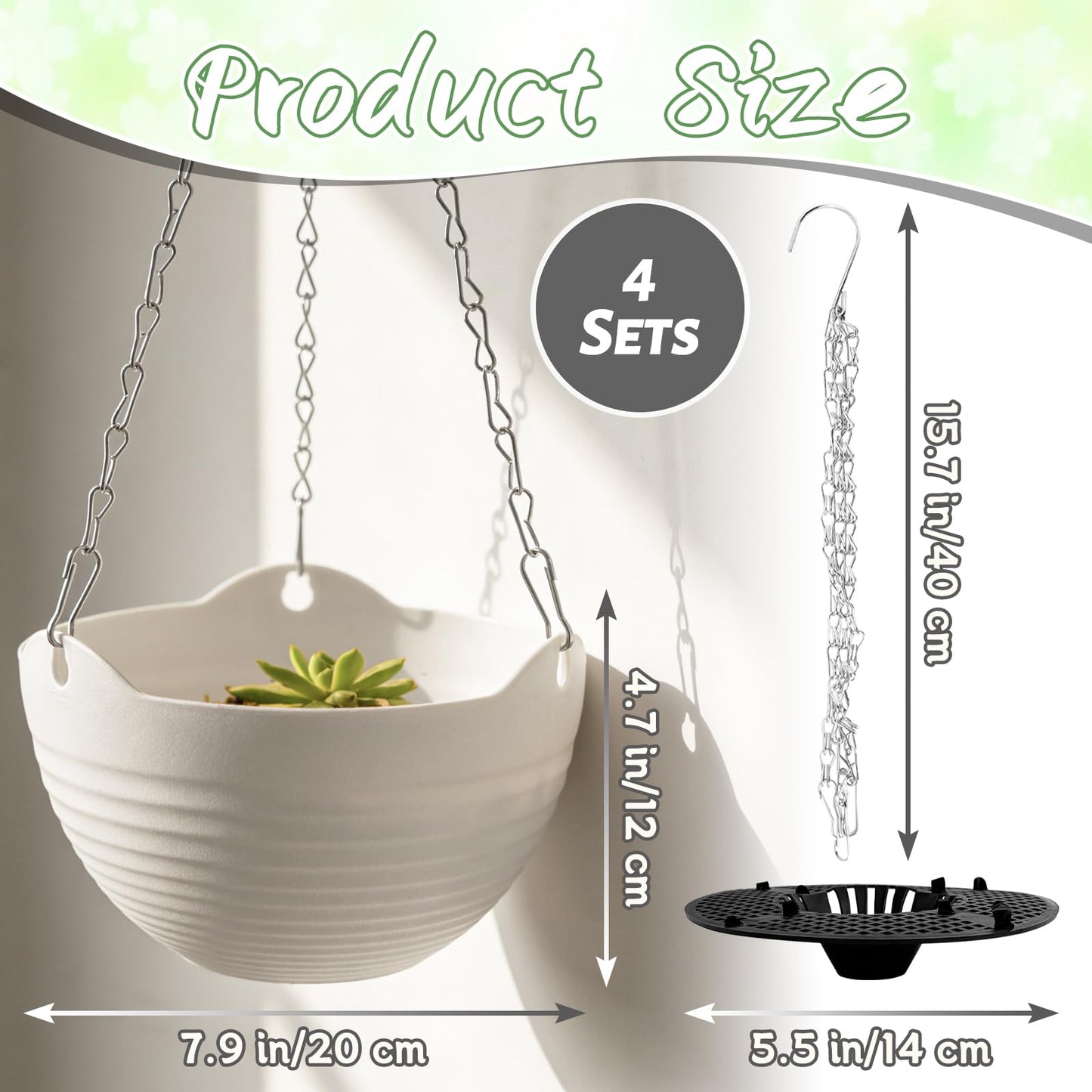 Bvrbaory 4 Pack 8 inch White Hanging Planters,Self-Watering Indoor Outdoor Plant Pots,Round Hanging Basket with Water Tray Metal Chain for Garden,Porch,Wall Decoration