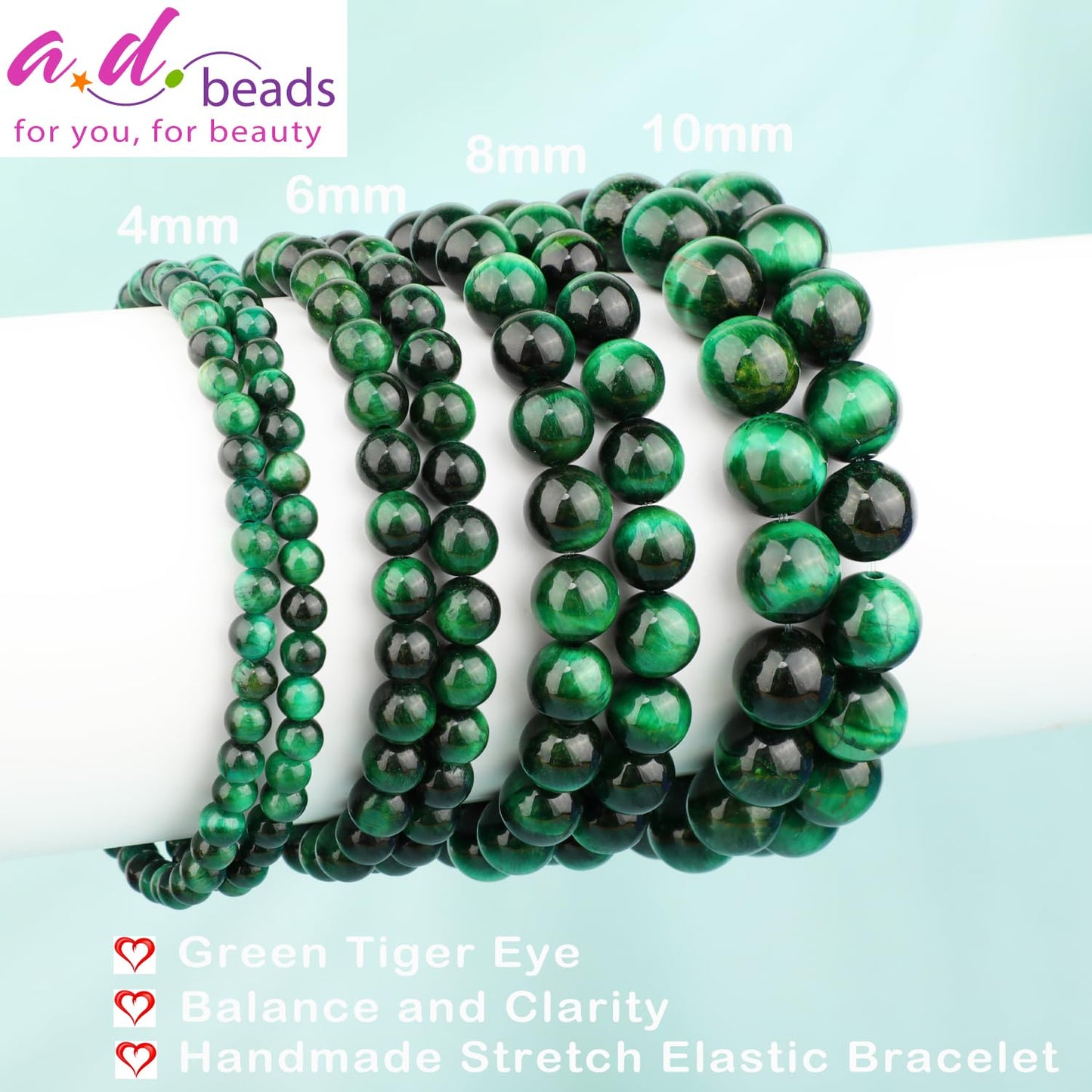 AD Beads 6mm Handmade Green Tiger Eye Elastic Bracelet – Natural Gemstone for Balance, and Clarity – Meditation, Yoga, Healing and Energy Gift for Men Women