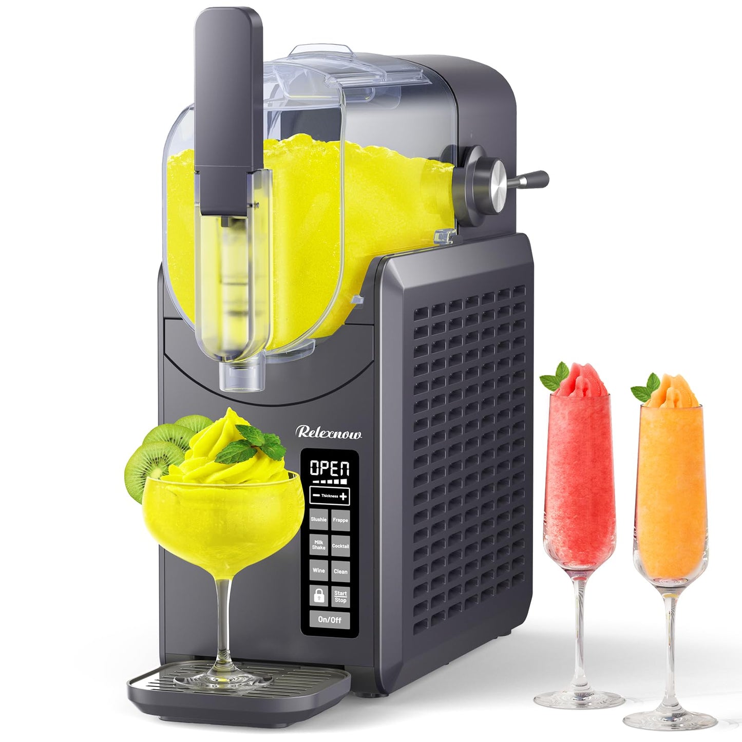 RELEXNOW Slushie Machine for Home – 6 Preset Programs, Soft Serve Frappés, Milkshakes, Margaritas & Frozen Drinks, No Ice Needed, Auto-Clean, LED Display, Quiet Operation, 88oz Capacity