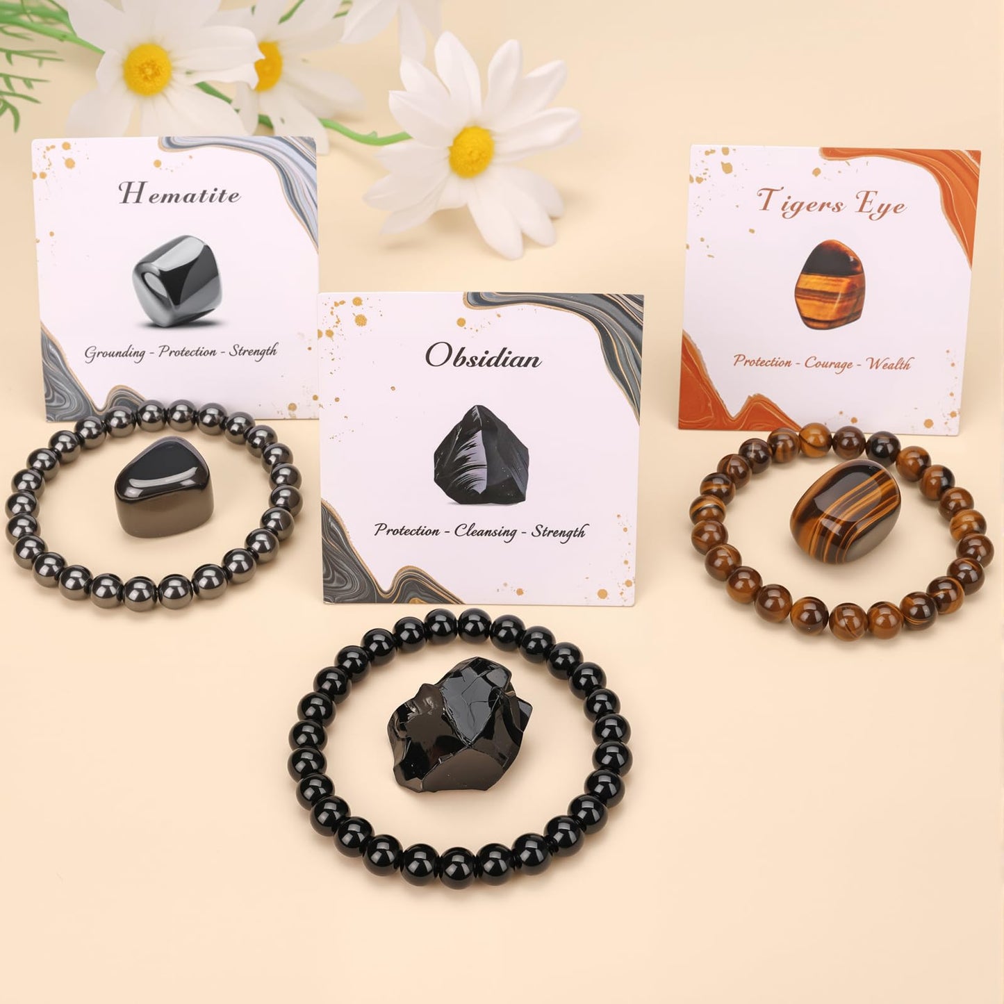 Pendlixy 3PCS Healing Crystal Bracelets for Women & Men, 8mm Tiger Eye Hematite Obsidian - Natural Stone Beaded Stretch, Spiritual Jewelry Gift Set for Reiki Protection