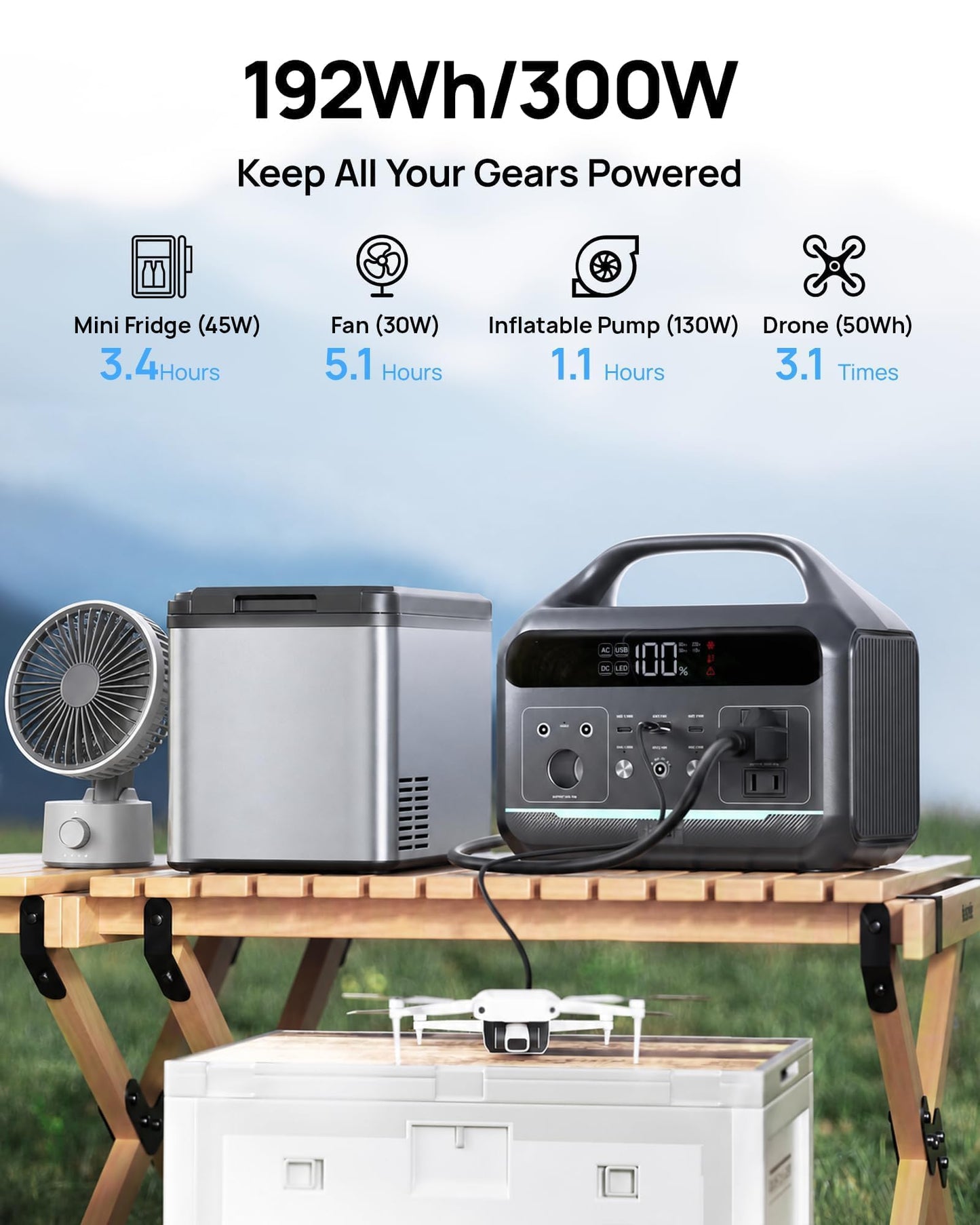 DARAN Portable Power Station 300W (600W Peak), 192Wh LiFePO4 Battery Solar Generator with 60W PD Fast Charge, 5.84lbs Lightweight Backup Battery for Outdoor Camping, CPAP, RV (Solar Panel Optional)