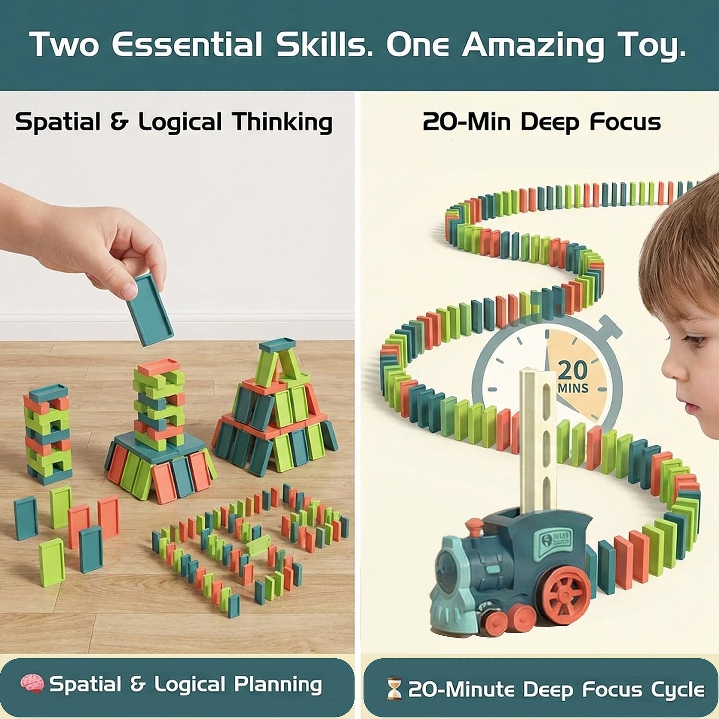 PREPHY Domino Train Toys Kids Games - Automatic Stacking Creative Game 3+ Year Old - Stem Montessori Toy for Boys 4-6 - Summer Autistic Christmas Birthday Gifts 5 6 Toddler Ages 4-8