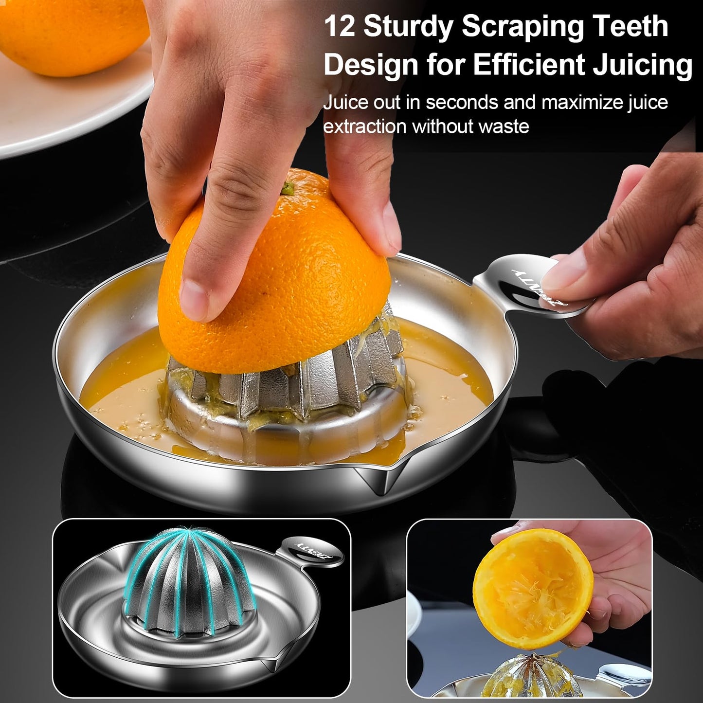 ZIGNTY Lemon Squeezer Stainless Steel, Heavy Duty Hand Manual Citrus Juicer, Premium Orange Lime Fruit Squeezer, Robust Reamer Rotation 2 Pour Spout 200ML Container, Dishwasher Safe（5-Year Warranty）
