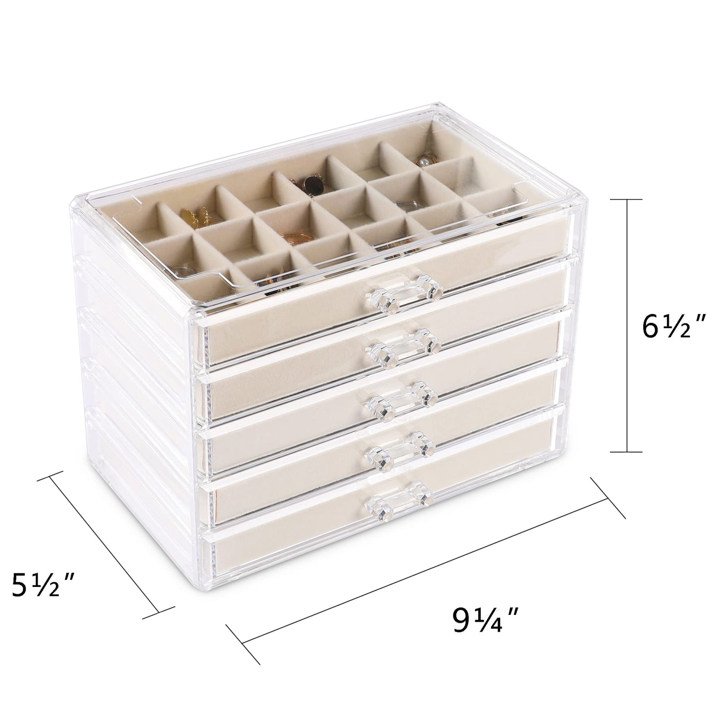 Frebeauty Acrylic Jewelry Organizer Earring Organizer Box with 5 Drawers Earring Holder Organizer with Velvet Trays Clear Jewelry Box for Women Earring Display for Rings Studs(Beige)