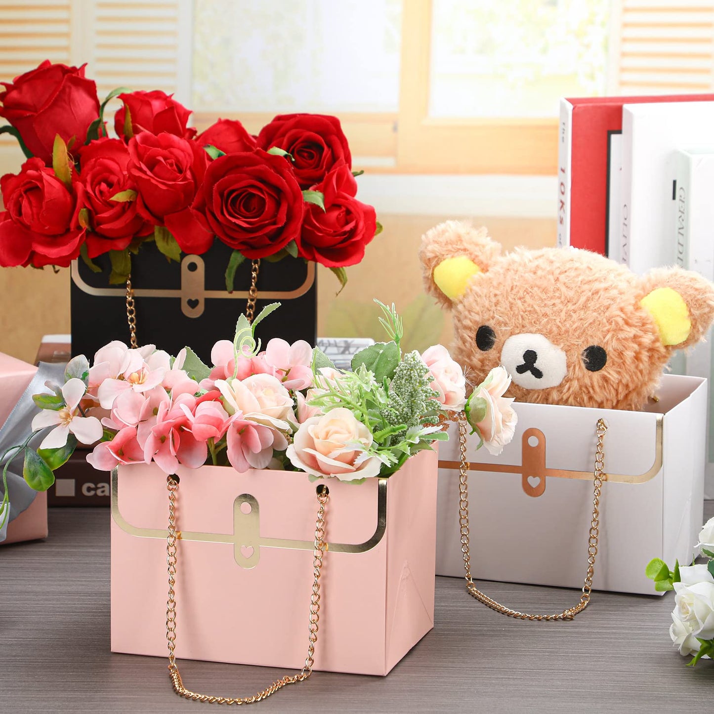 Lincia 12 Pcs Pink White Black Flower Box Wedding Flower Paper Gift Bag Bouquet Boxes with Handle Boxes for Arrangements Bouquet Wrapping Paper for Wedding Bridal Baby Shower Party Supplies
