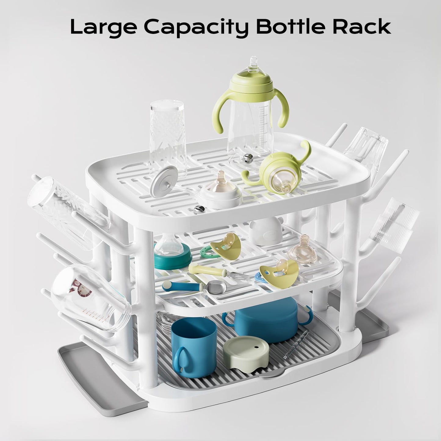GREENDADI Baby Bottle Drying Rack,3-Tier Large Capacity Countertop Organizer with 360° Ventilation, Removable Drip Tray, Non-Slip Base – Easy to Clean Bottle Holder for Baby Accessories