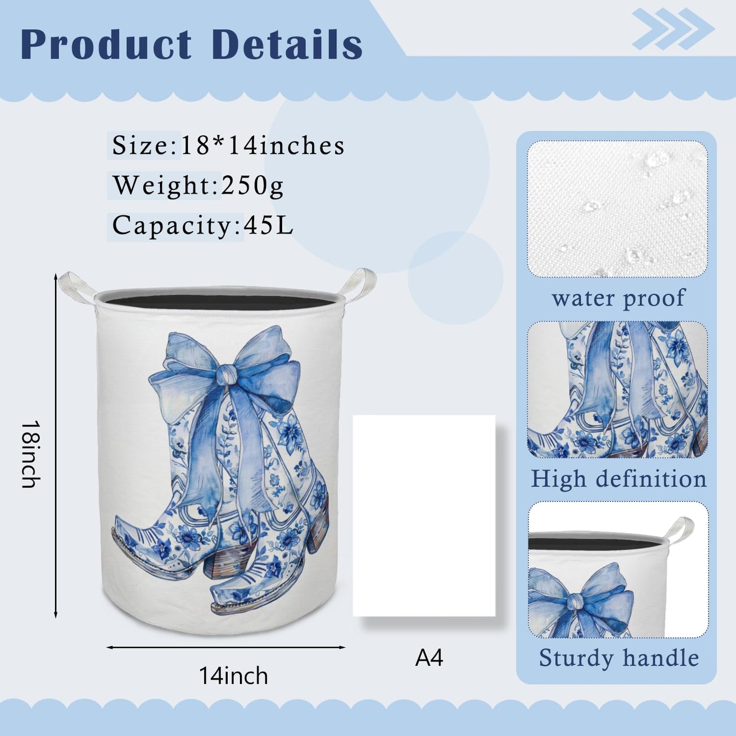 TAZSWDMM Chinoiserie Bow Western Cowgirl Boots Laundry Basket Hamper, Blue and White Cowgirl Foldable Clothes Toys Books Storage Box Bins Baskets Organizer for Girls Room Bathroom Home