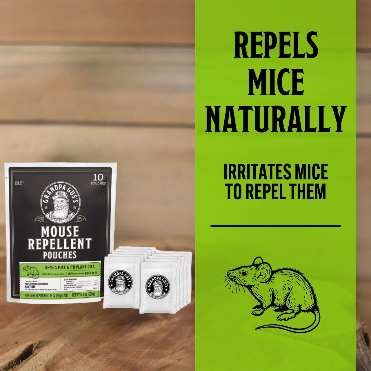 Grandpa Gus's Natural Mouse Repellent Pouches, Cinnamon/Peppermint Oils Repel Mice from Nesting in Home/Cabin/Boat/Car Storage/RV/Machinery/Shed (10 Pouches)