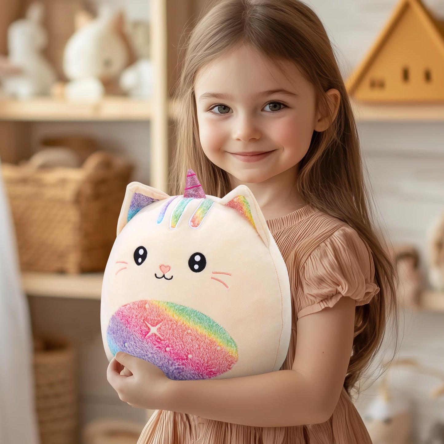 Athionsu 14-Inch Unicorn Cat Plush Pillow Soft and Cuddly Stuffed Animal Toy for Toddler Girls and Boys, Cute Rainbow Belly Plush Gift (CAT)