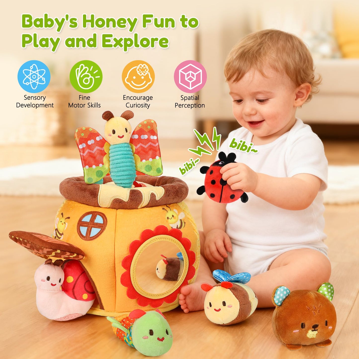 Baby Toys 6-12 Months, Surprise Honey Pot with Sensory Stuffed Animals, Rattle, Crinkle, Mirror, Montessori Toys for Baby Toys 1 Year Old, Infant Toys Christmas Gifts Stocking Stuffers Birthday