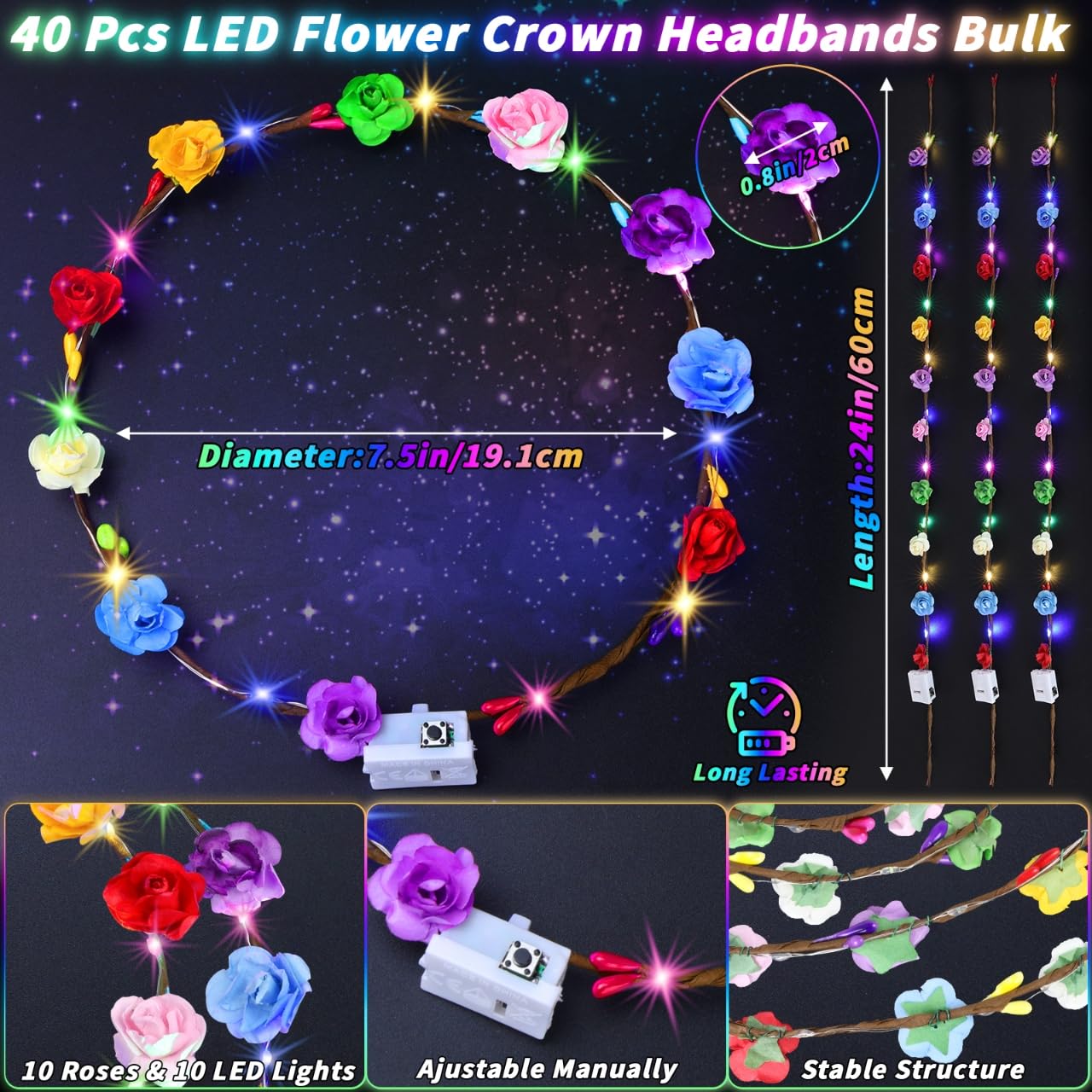 UZLU 80 Pcs LED Flower Crown Headband Glow Floral Wreath Crown for Women Light Up Flower Headband Glow in the Dark Hair Accessories for Wedding Birthday Cosplay Beach Party Favor