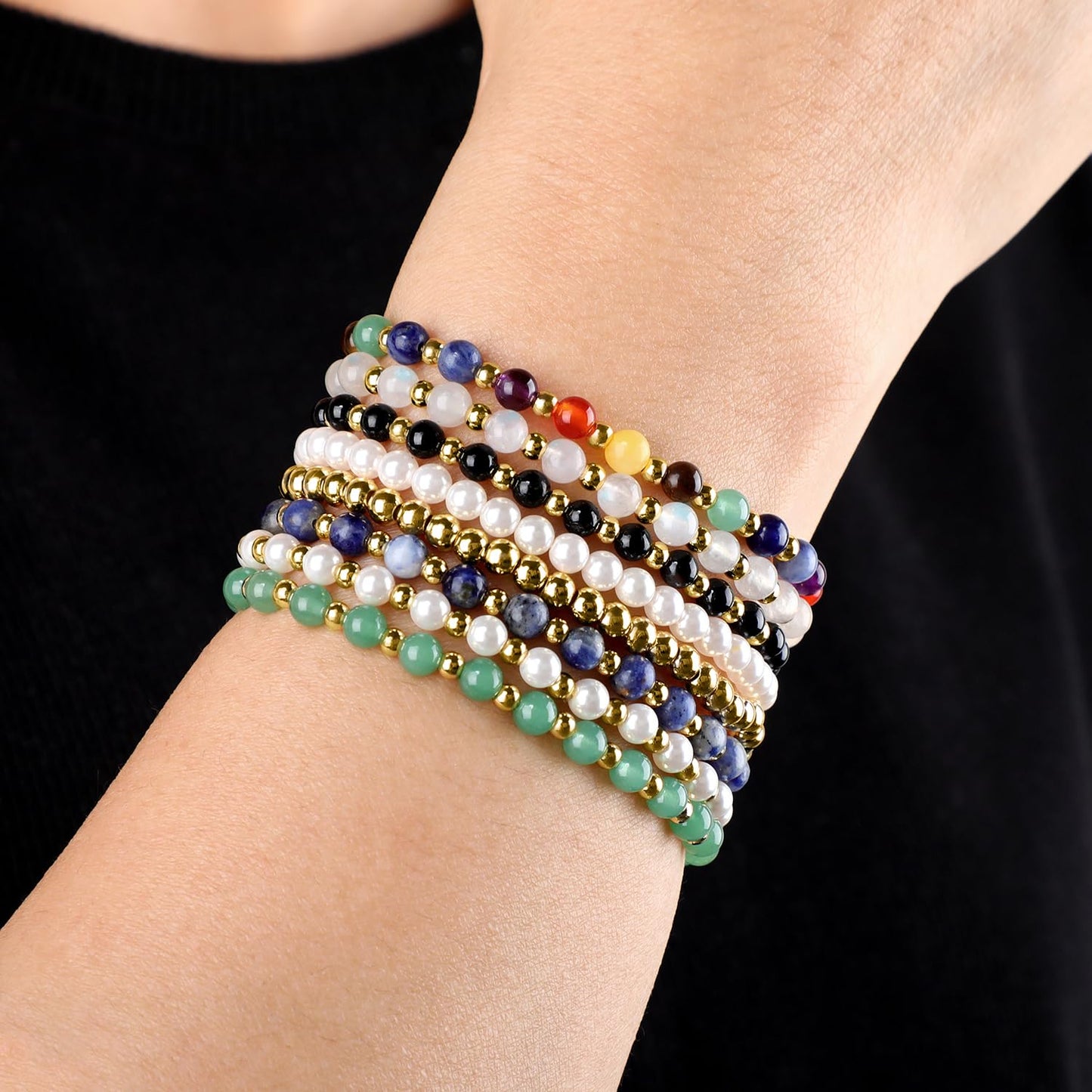QOGIR 7 Chakra - Activate The Chakras - 14K Gold Plated Beads Natural Gemstone Stretch Elastic Dainty Healing Beaded Bracelets Gifts 4mm
