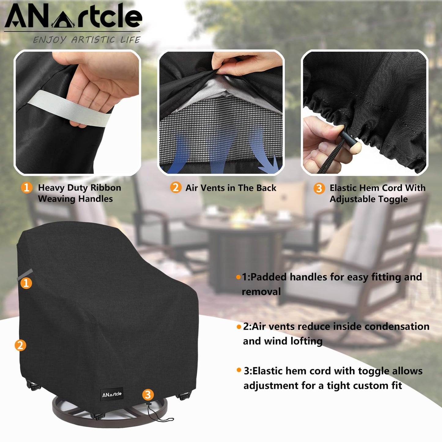 ANartcle Swivel Patio Chair Covers 2 Pack,Waterproof Heavy Duty Outdoor Chair Covers,Patio Swivel Chair Covers for Outdoor Furniture (30 W x 34 D x 38.5 H inches) Black.