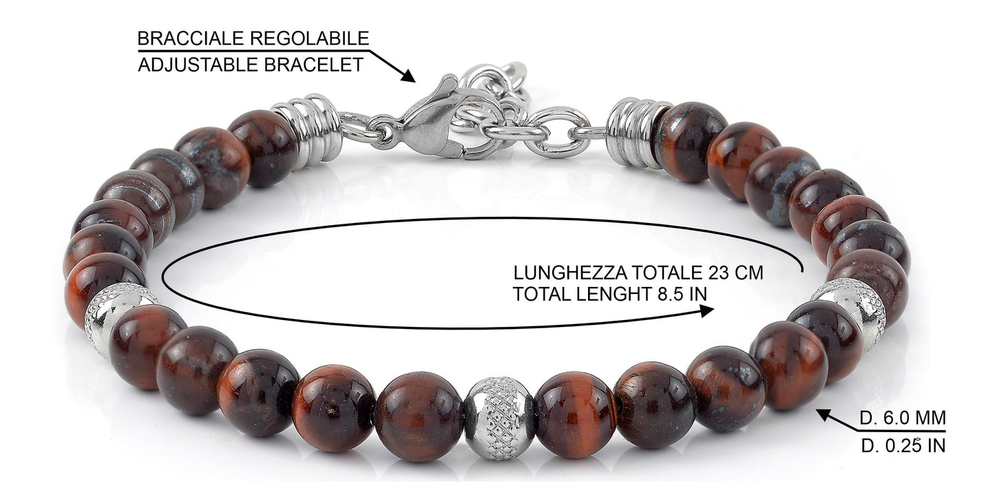 10:10 Beaded Bracelet for Men and Women – Natural Red Tiger Eye Gemstones and Stainless Steel – Adjustable & Durable & Elegant – Made in Italy