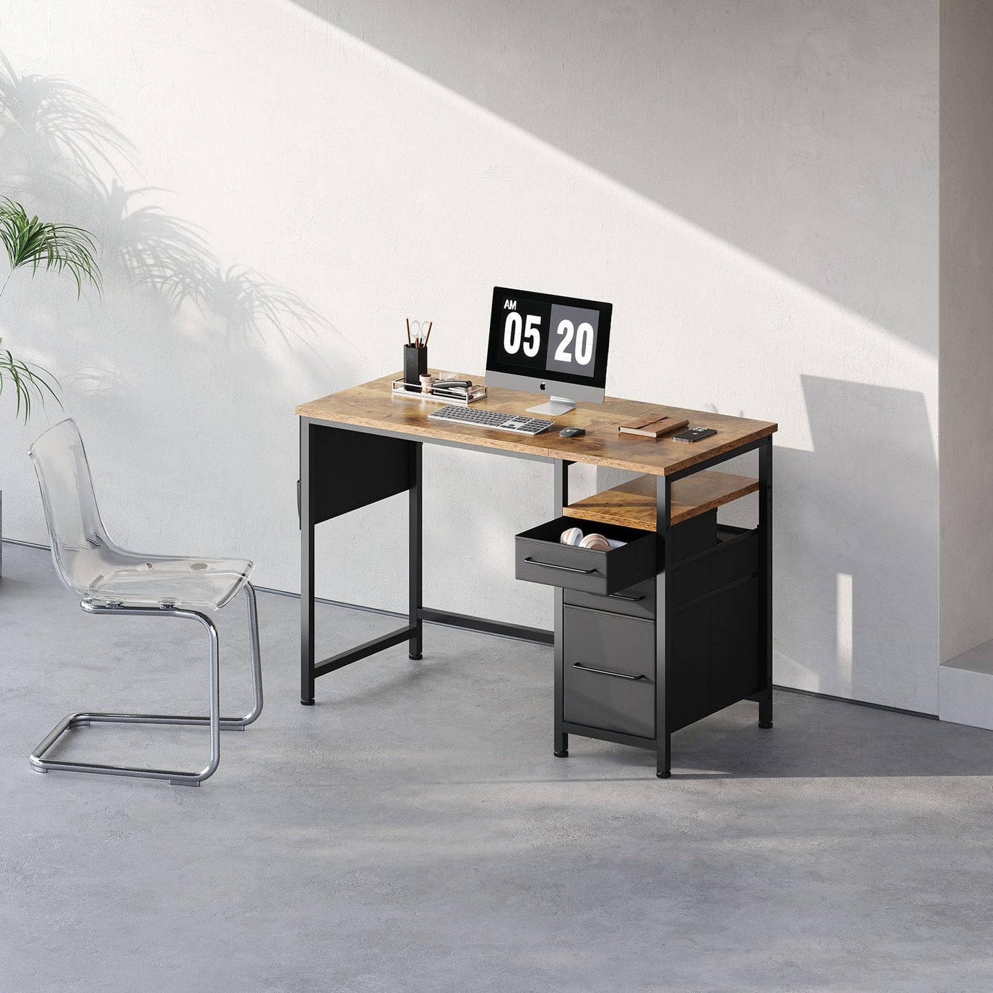 Ｍａｉｈａｉｌ Maihail Small Desk with Drawers, 40 inch Computer Desk with Shelves, Writing Desk with Storage, Small Office Desk with Metal Frame, Rustic Brown