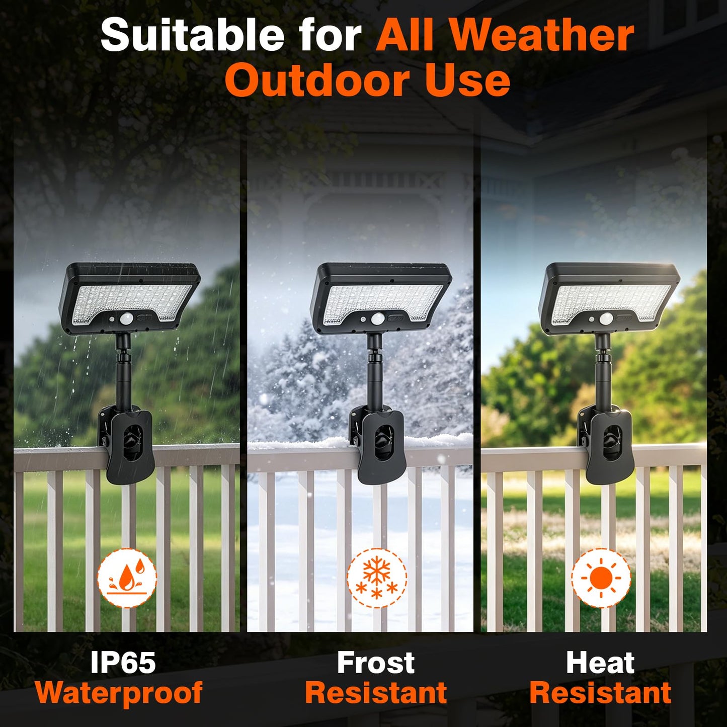 Clip On Solar Lights Outdoor with Motion Sensor, 4-Color 3 Modes Lighting (92 LEDs, 600 LM, 6000 K) IP65 Waterproof, 360° Adjustable Flexible Clamp for Fences Gardens Decks Camping Gutter (2)