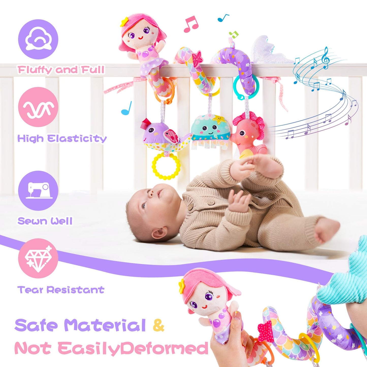 Koty Carseat Toys Hanging, Pink Mermaid Stroller Toys for Babies 0-6 Months, Baby Car Seat Toy with Crinkle, Teether, Music Box, Rattle, BB Squeaker for Babies Boys Girls Gifts (Pink Mermaid)