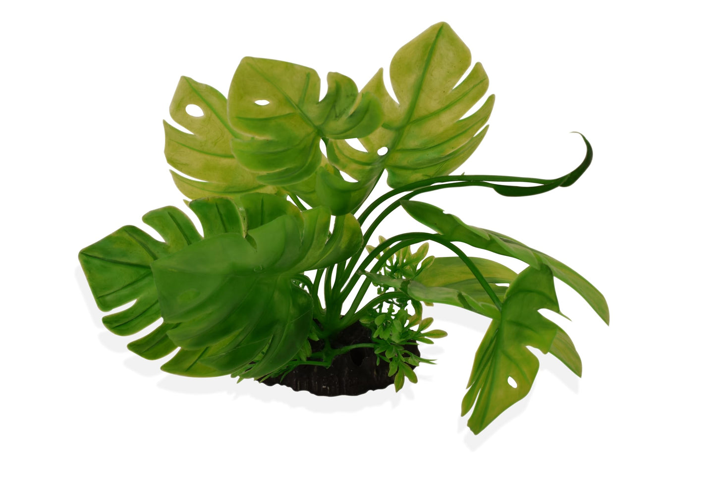 YAKCAM Reptile Hide 10.5 x 2.5 Inch Natural Looking Driftwood Aquarium Cave, Hideout for Amphibians, Lizards & Fish | Hollow Log with Life-Like 7" Monstera Plant | Terrarium & Aquarium Tank Decoration