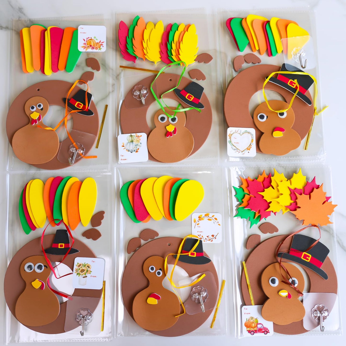 Winlyn 12 Sets Thanksgiving Wreath Signs Decorations Art Sets DIY Thanksgiving Craft Kits Give Thanks Turkey Fall Maple Leaf Foam Stickers Googly Eyes for Kids Party School Home Classroom Activities