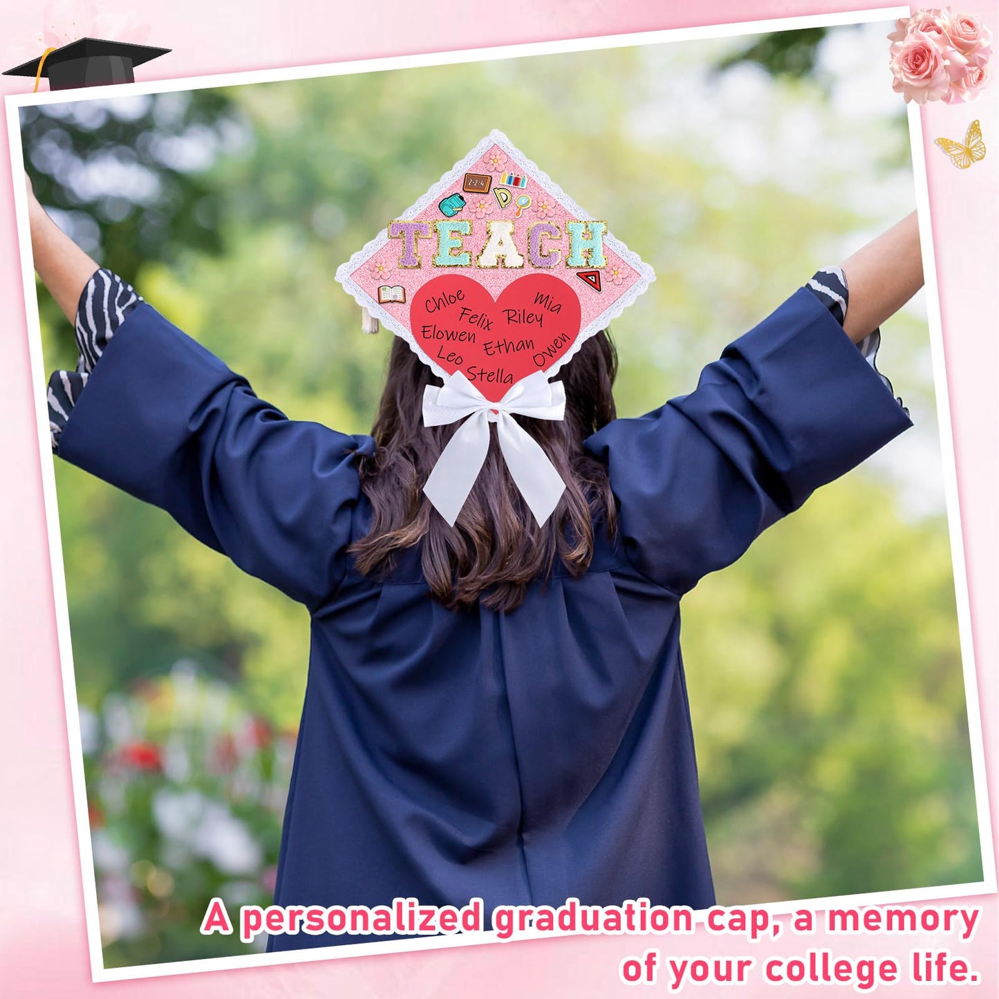 35 Pcs Teacher Theme DIY Graduation Cap Decorations White Lace Trim White Bows Heart Paper Cutouts Iron On Letters Patches Plastic Patches for DIY Hat Grad Cap Topper Graduation Party Supplies