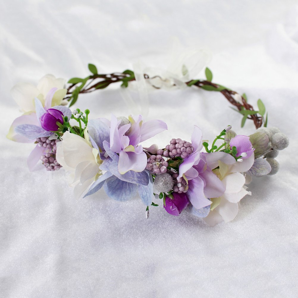 Vivivalue Floral Crown Headband Flower Headpiece Hair Wreath Floral Halo Boho with Ribbon Wedding Party Photos Prom Lavander