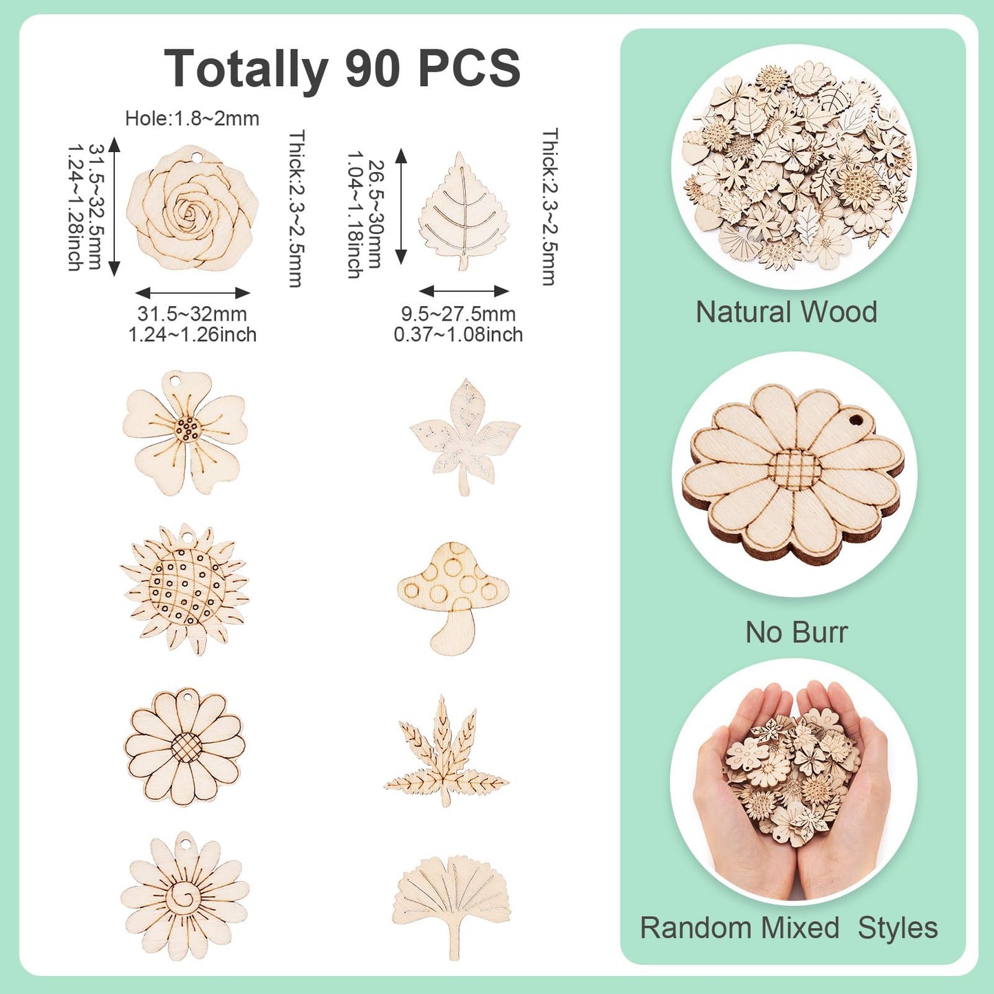 Sparkeads 90 pcs Natural Wood Charms Flower Leaf Mushroom Pendants Unfinished Plant Shape Wooden Dangle Charms for Craft Necklace Jewelry Making Bracelet DIY Women Earring Accessory