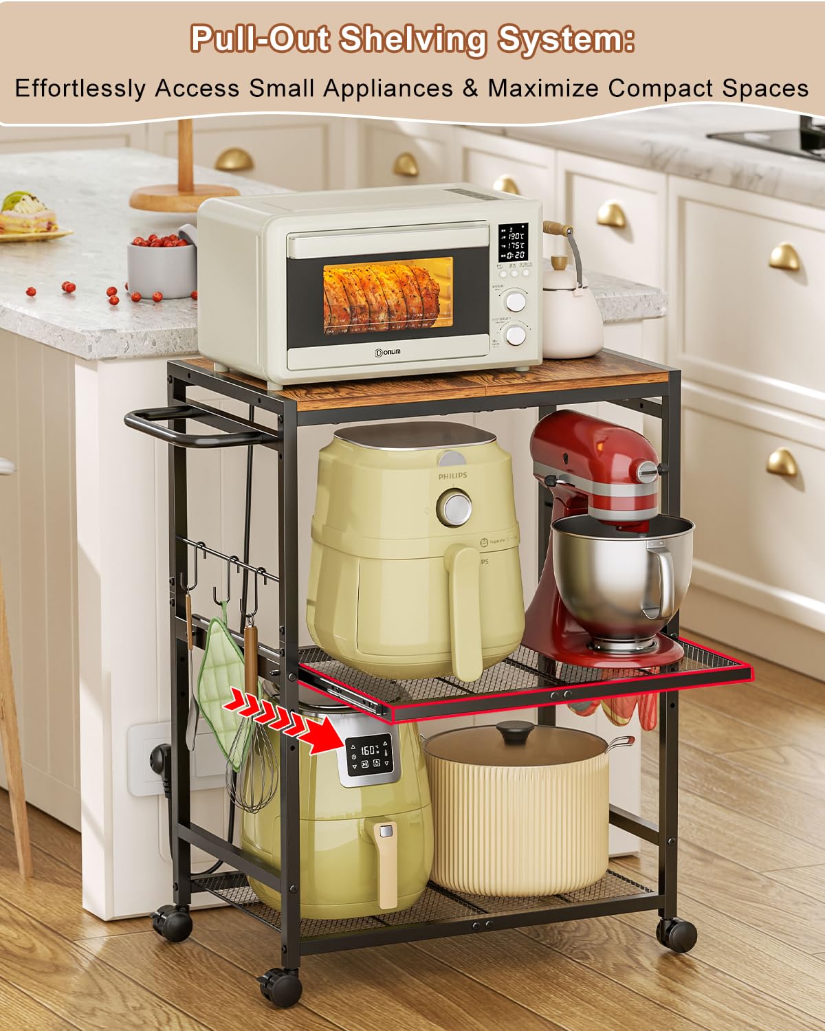 Feyejade Microwave Cart with Adjustable Shelves 3-Tier, Rolling Kitchen Cart with Push Handle, Microwave Stand with Storage, Small Utility Cart with Drawer Slider Shelf for Kitchen, Living Room
