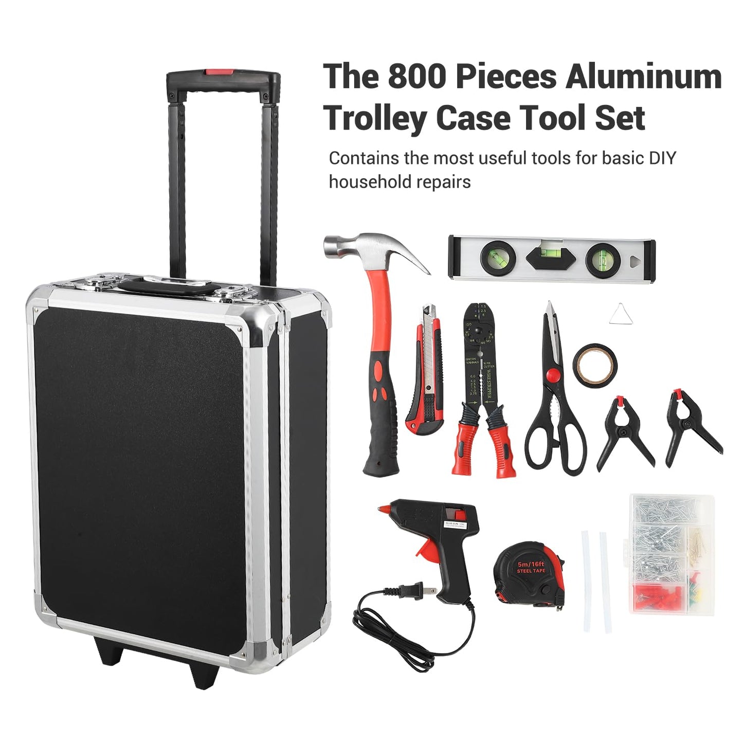 800-Piece Mechanics Tool Set with Rolling Aluminum Case, Complete Socket & Wrench Kit with Hand Tools, Portable Garage Tool Box for Auto Repair, Home Maintenance, DIY Projects & Garden Work