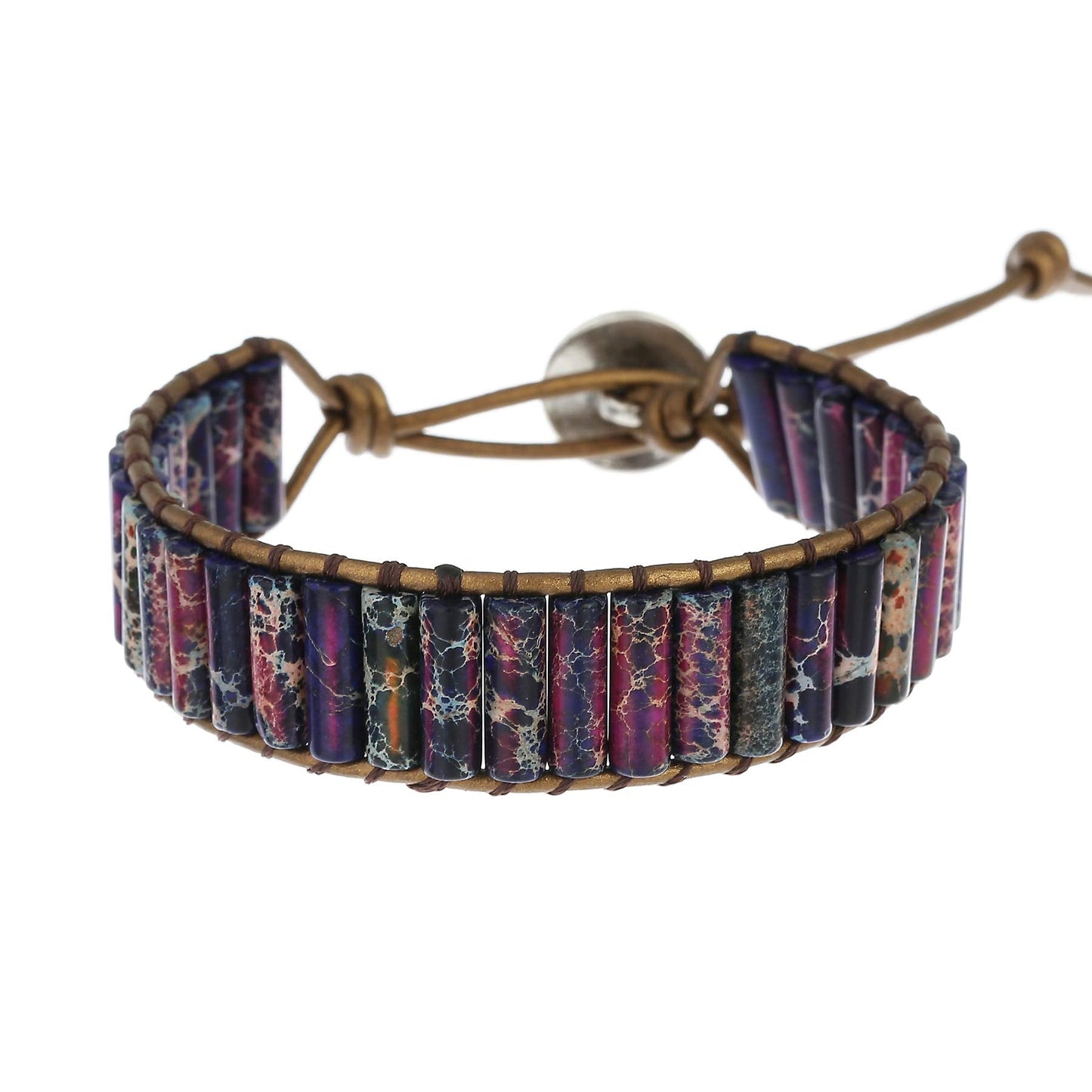 Plumiss Boho Handmade Chakra Bracelets Leather Purple Imperial Jasper Bead Wrap bracelet for Women Men