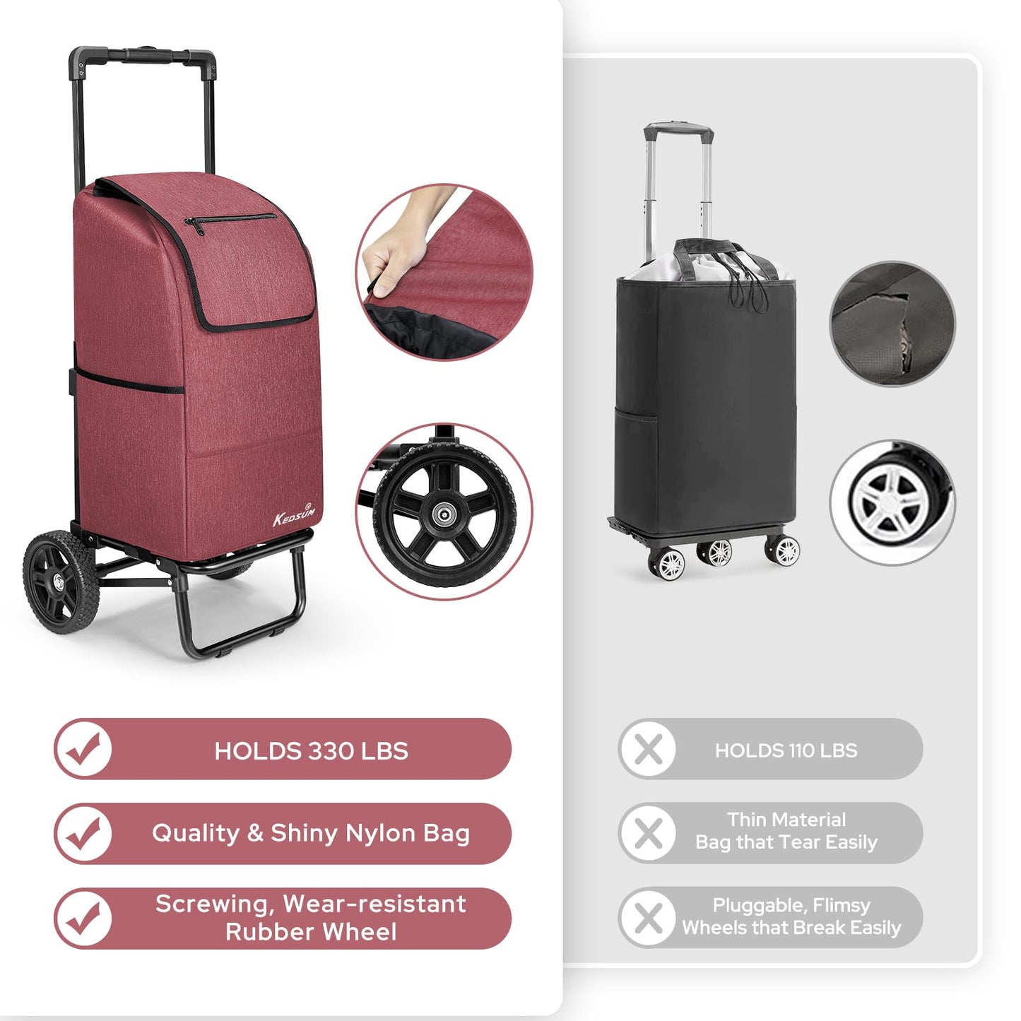 KEDSUM 2 in 1 Shopping Carts for Groceries, 330 lbs Grocery Cart on Wheels, Foldable Utility Carts with Wheels, Load-Bearing Hand Truck with Waterproof Bag for Shopping, Camping, Laundry, Garden, Red