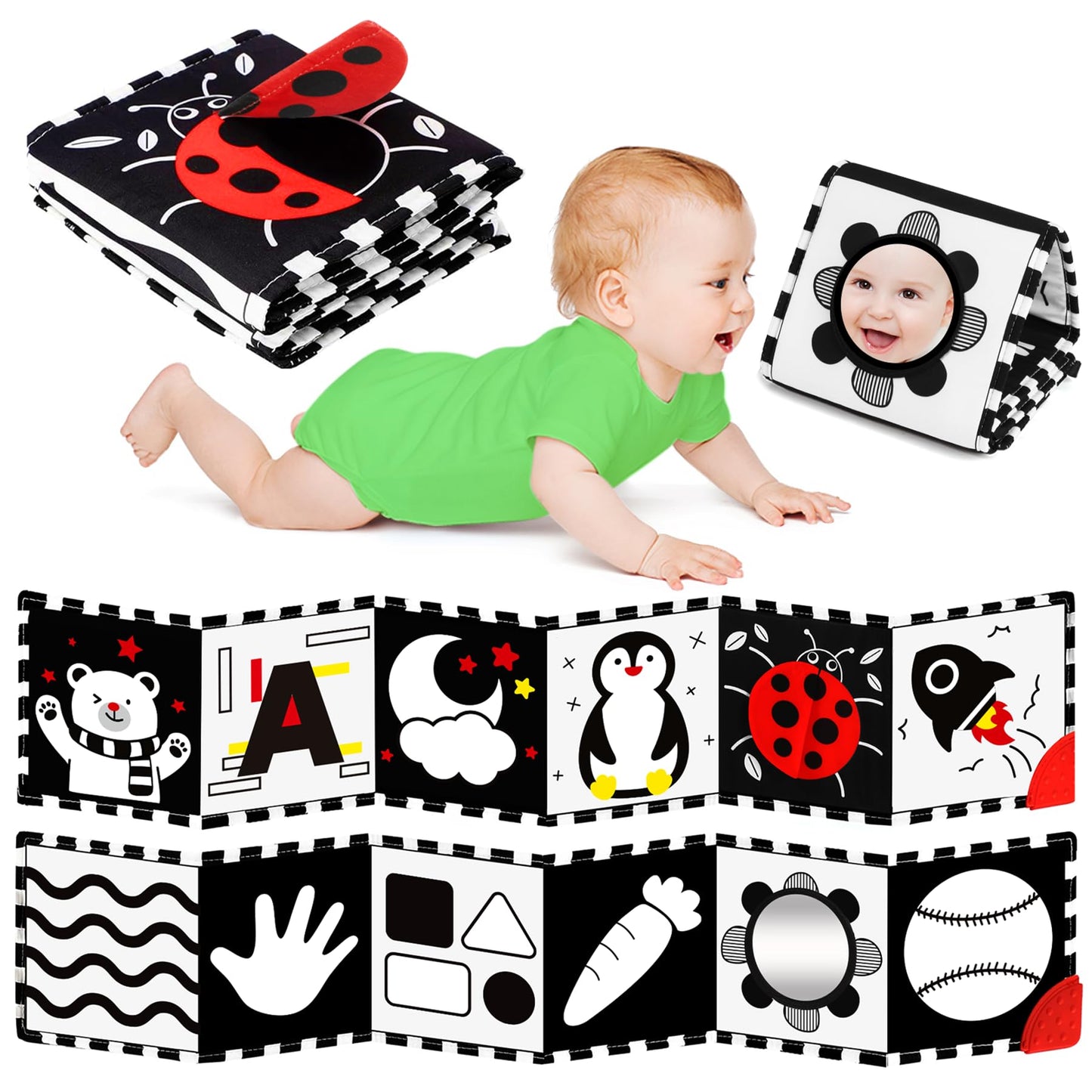 BBWOO High Contrast Baby Toys for Newborn, Tummy Time Mirror, Black and White Baby Toy for 0-6 Months, Soft Montessori Visual Stimulation Infant Book, Boy Girl Shower Gift