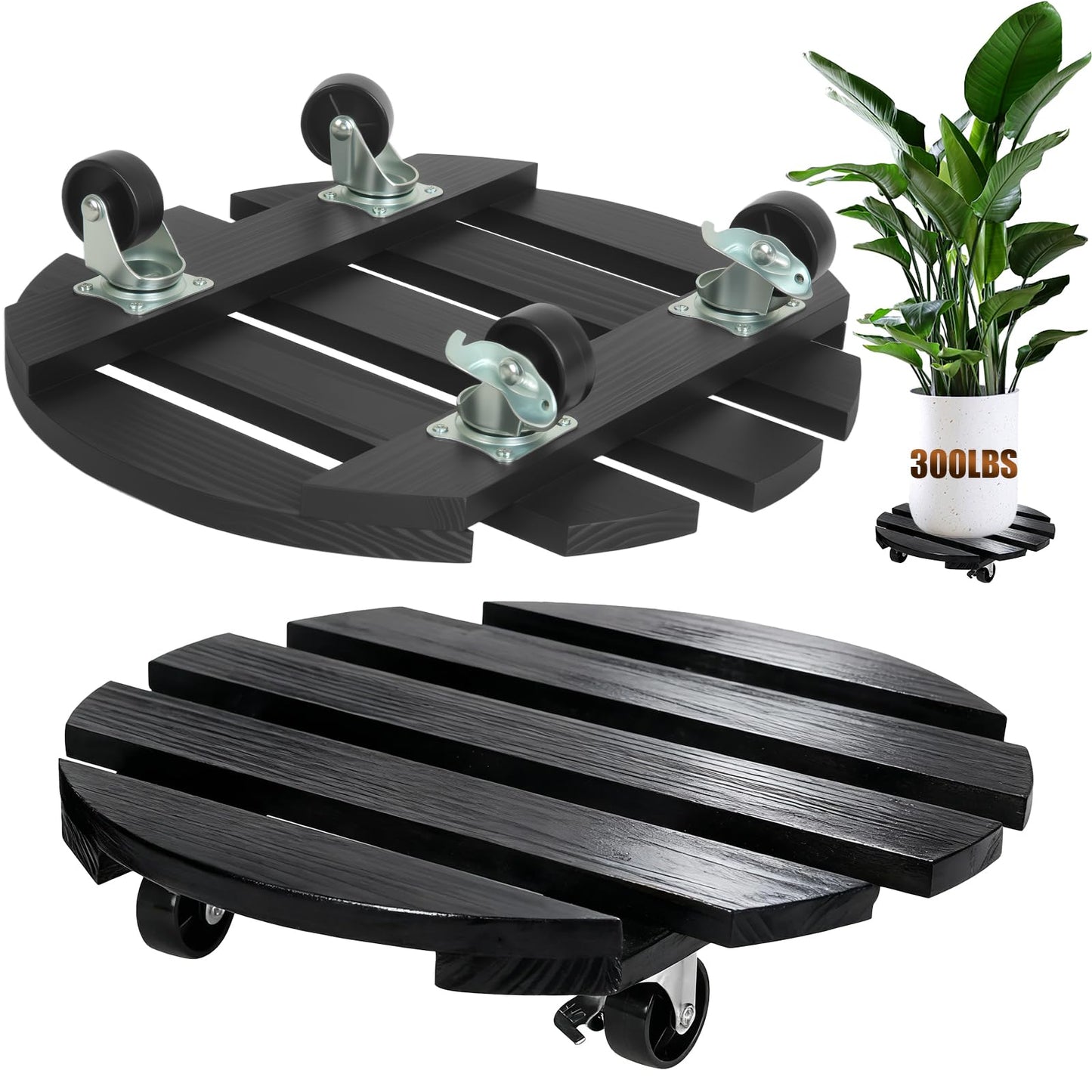 IBGUC 2 Pack Plant Caddy with Wheels 13'' Rolling Plant Stand Indoor Outdoor, Heavy Duty Wooden Plant Stand with Wheels 300Lbs Capacity with 360°Lockable Rolling Base for Pot, Planter, Tray, Patio