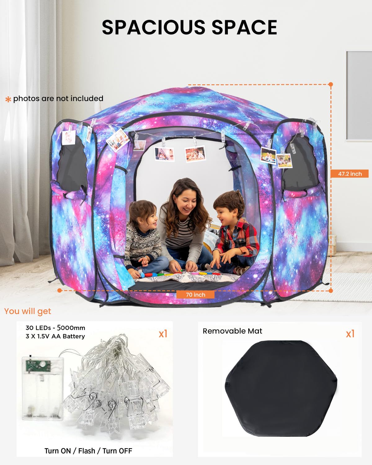 Porayhut Galaxy Pop Up Play Tent for Kids, 67" Hexagonal Privacy Sensory Tent with Removable Thick Mat & LED Photo Clip Lights, Light Blocking Indoor Outdoor Playhouse for Boys & Girls, Space Castle
